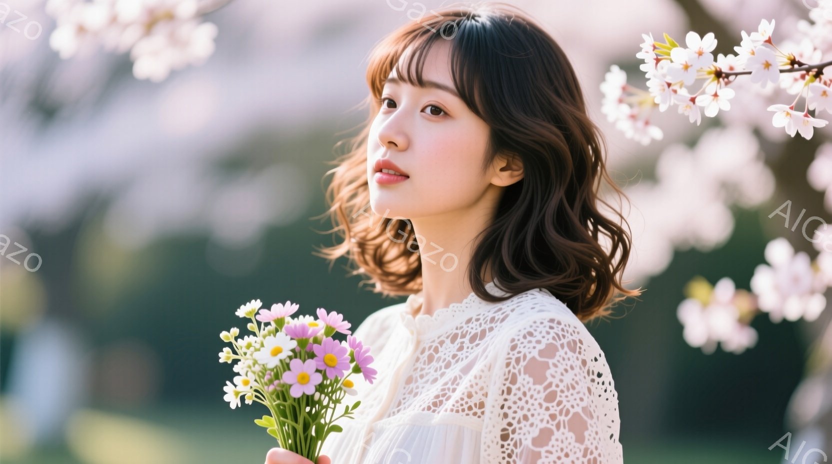 浅いピンク色の桜の花びらが舞う中、若い女性が白いレースのブラウスを着て、小さな花束を手に持っています。彼女は肩を少し下げ、穏やかな表情で遠くを見つめており、茶色のゆるいウェーブヘアが肩にかかっています。背景はぼやけた桜の木々と、春の穏やかな日差しを感じさせる、ロマンチックで優しい雰囲気です。