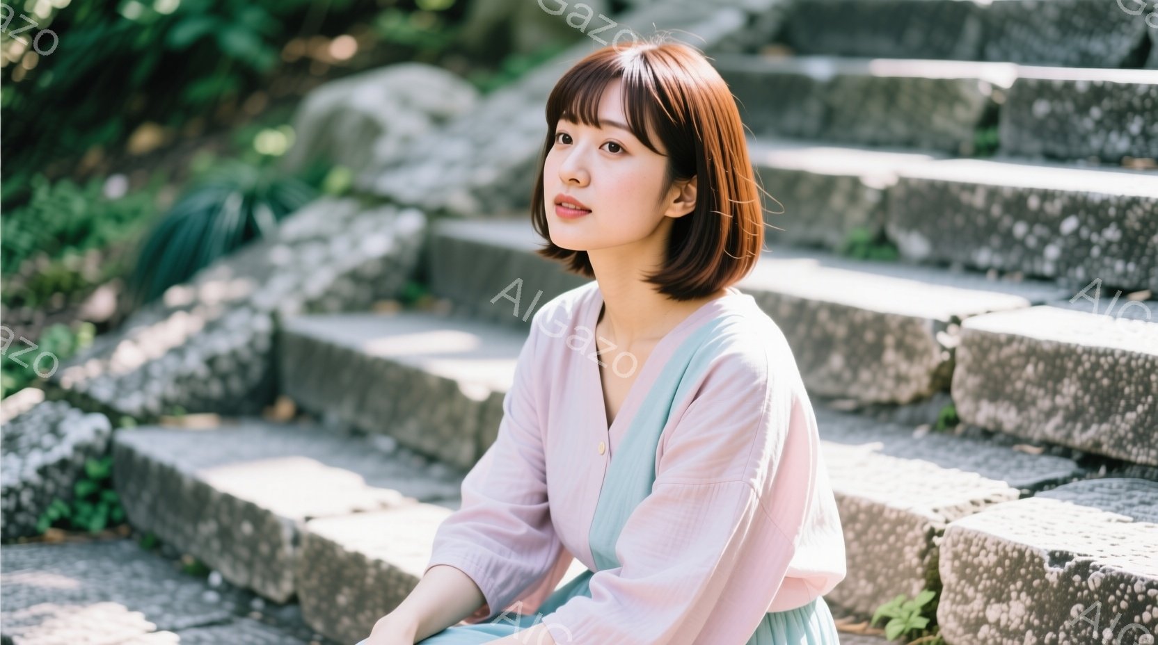 明るい茶髪のボブヘアの女性が石段に座り、穏やかな表情で遠くを見つめている。淡いピンク色のブラウスに水色のスカートを合わせ、カジュアルで可愛らしい装いをしている。背景には緑豊かな植物が見え、日差しが柔らかく、穏やかで優しい雰囲気が漂っている。
