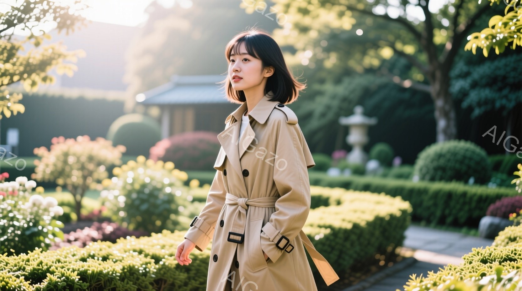 明るいベージュ色のトレンチコートを着た若い女性が、緑豊かな庭園を歩いている。彼女はダークトーンのショートボブヘアで、少し横を向いた表情で、穏やかで洗練された雰囲気を醸し出している。背景には手入れの行き届いた生垣や花壇、そして遠くに建物が見え、晴れた日の穏やかな光が全体を包み込んでいる。