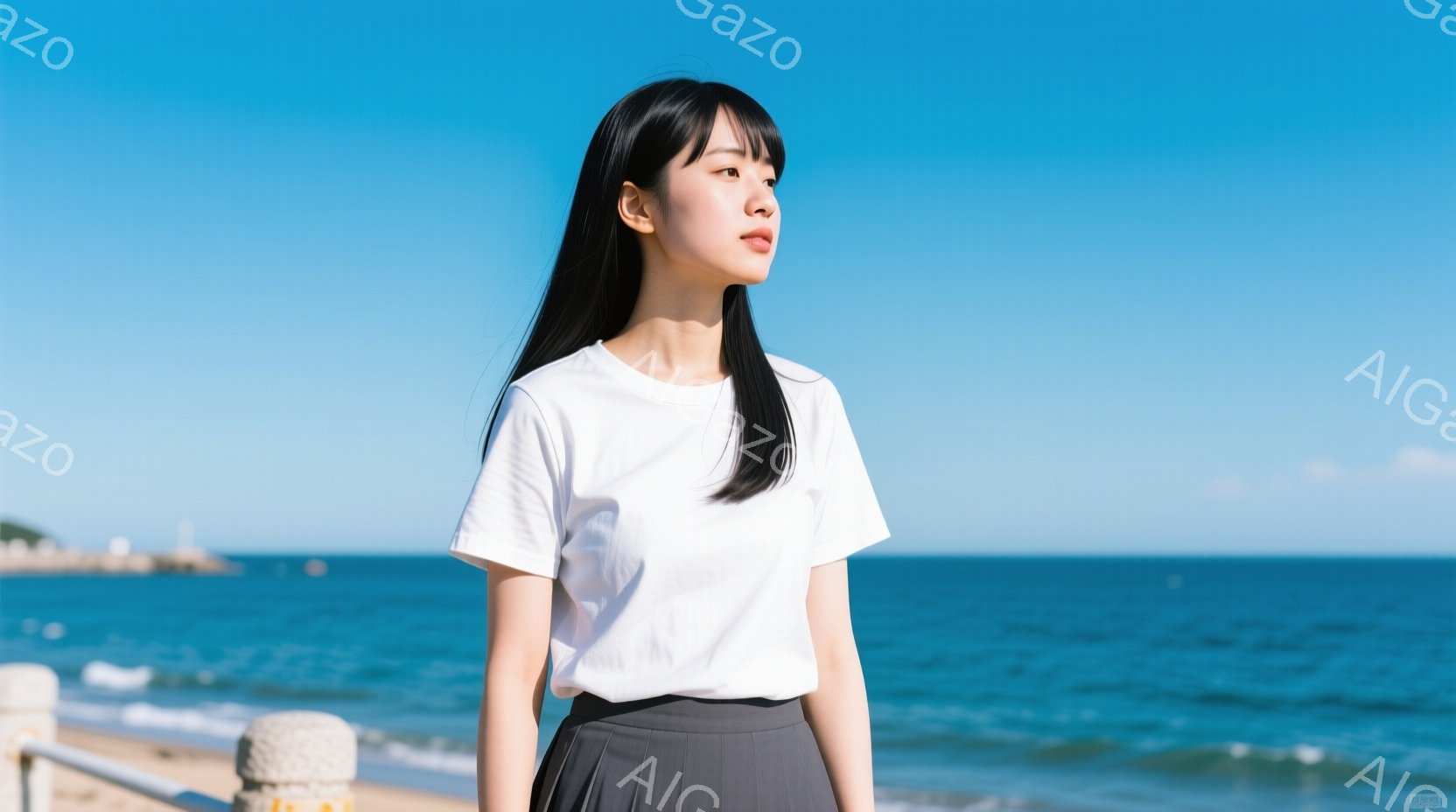 黒髪の女性が、白いTシャツと濃いグレーのスカートを着用し、海を背景に立っている。彼女は少し上目遣いで遠くを見つめ、リラックスした雰囲気で、わずかに微笑んでいるように見える。背景には青い海と、遠くに見える建物があり、晴天で穏やかな夏の日の様子が伺える。