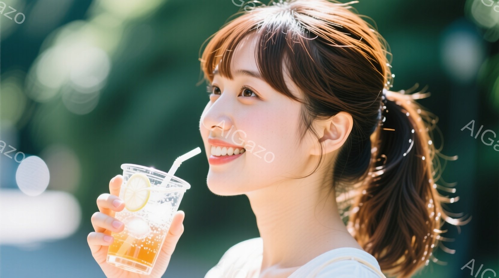 若い女性が、レモンが入ったアイスティーを片手に楽しんでいる様子が写っている。彼女は明るい笑顔を浮かべ、茶色の髪をハーフアップにしており、白いシャツを着ている。背景には緑豊かな木々が見え、晴れた日の穏やかな雰囲気が漂っている。