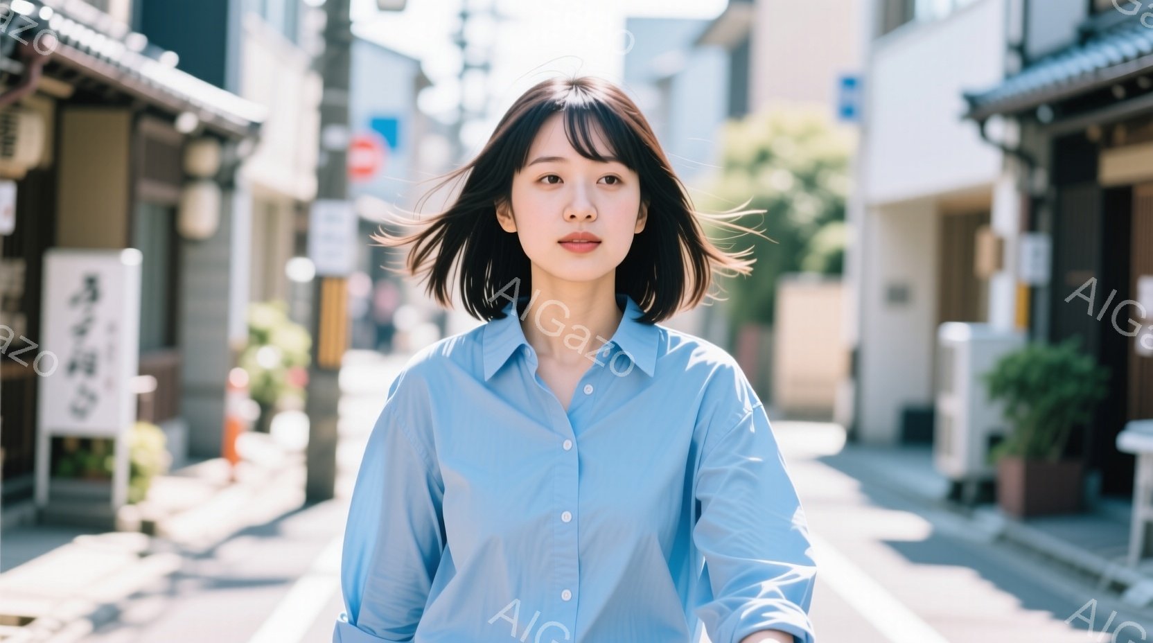 短い黒髪の女性が、水色のシャツを着て、石畳の道の中央をまっすぐ歩いている。彼女は少し微笑んでおり、視線はカメラに向いている。背景には木造の建物が並び、日差しが強く、夏の晴れた日の雰囲気が漂っている。 - AI生成フリー素材