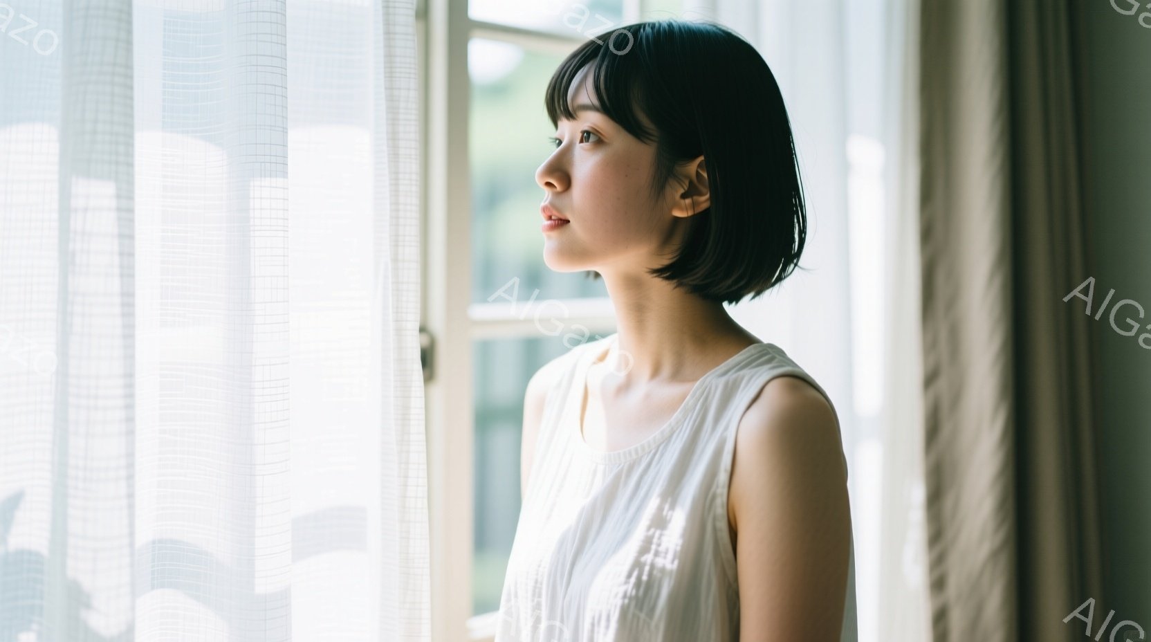 ショートヘアの女性が窓辺に立っており、白いシンプルなタンクトップを着ています。彼女は横顔で、どこか遠くを見つめており、物憂げな表情をしています。背景にはぼやけた緑が見え、柔らかい光が差し込み、静かで穏やかな雰囲気を醸し出しています。