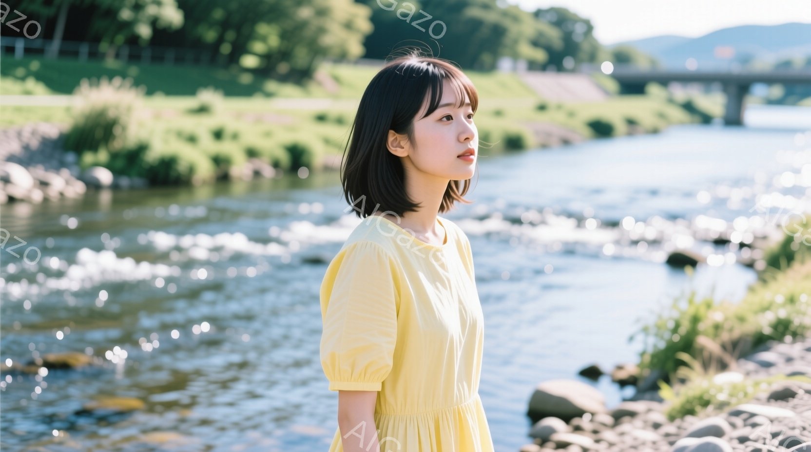 明るい黄色のワンピースを着た若い女性が、川沿いを歩いている。彼女は黒髪のショートボブで、少し上を見ている表情は穏やかで、どこか物思いにふけっているように見える。背景には緑豊かな自然と、遠くに見える橋があり、晴れた日の穏やかな雰囲気が漂っている。