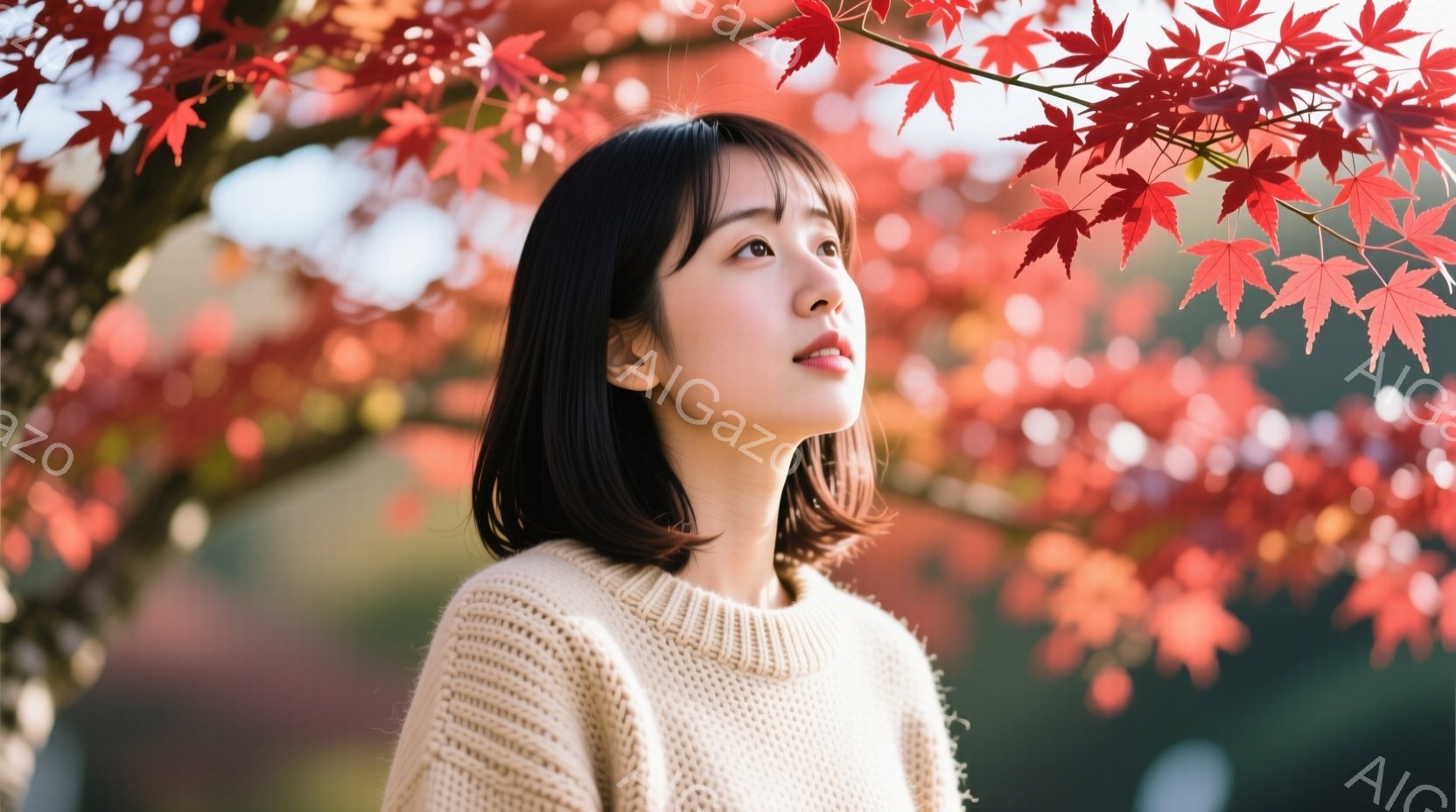 短い黒髪で、前髪が少し眉にかかる女性が写っています。ベージュ色のざっくりとしたニットセーターを着ており、少し上を見ている表情は穏やかで、どこか物思いにふけっているようにも見えます。背景には鮮やかな赤色の紅葉が広がり、秋の穏やかな日差しの中で、女性と自然の美しさが調和した、心安らぐ雰囲気が漂っています。