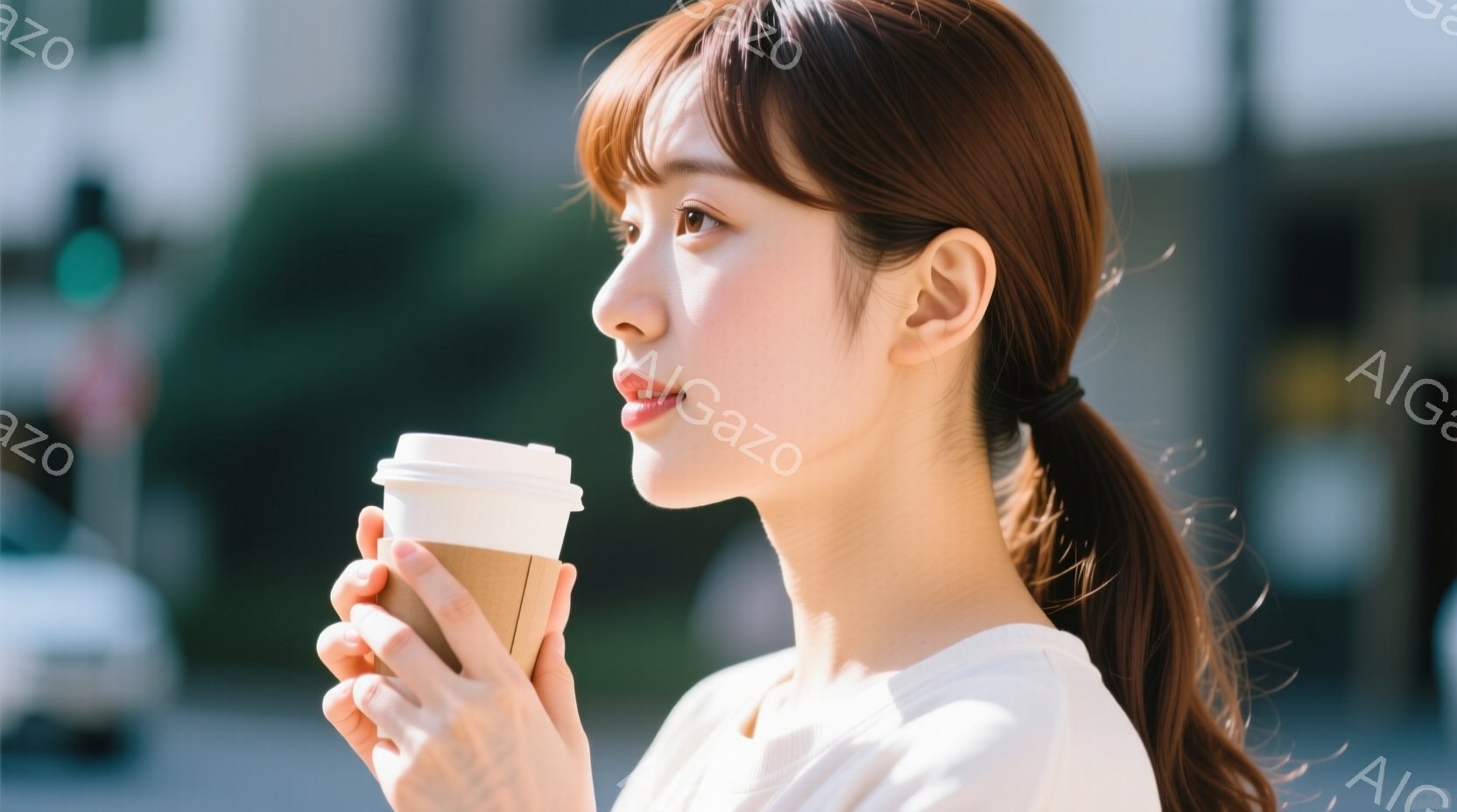 明るい日差しの下、茶髪の女性が紙コップを持って横を向いています。白いブラウスを着ており、髪は後ろで緩く一つに結ばれています。背景にはぼやけた建物や車両が見え、街中を歩いている様子が伺えます。