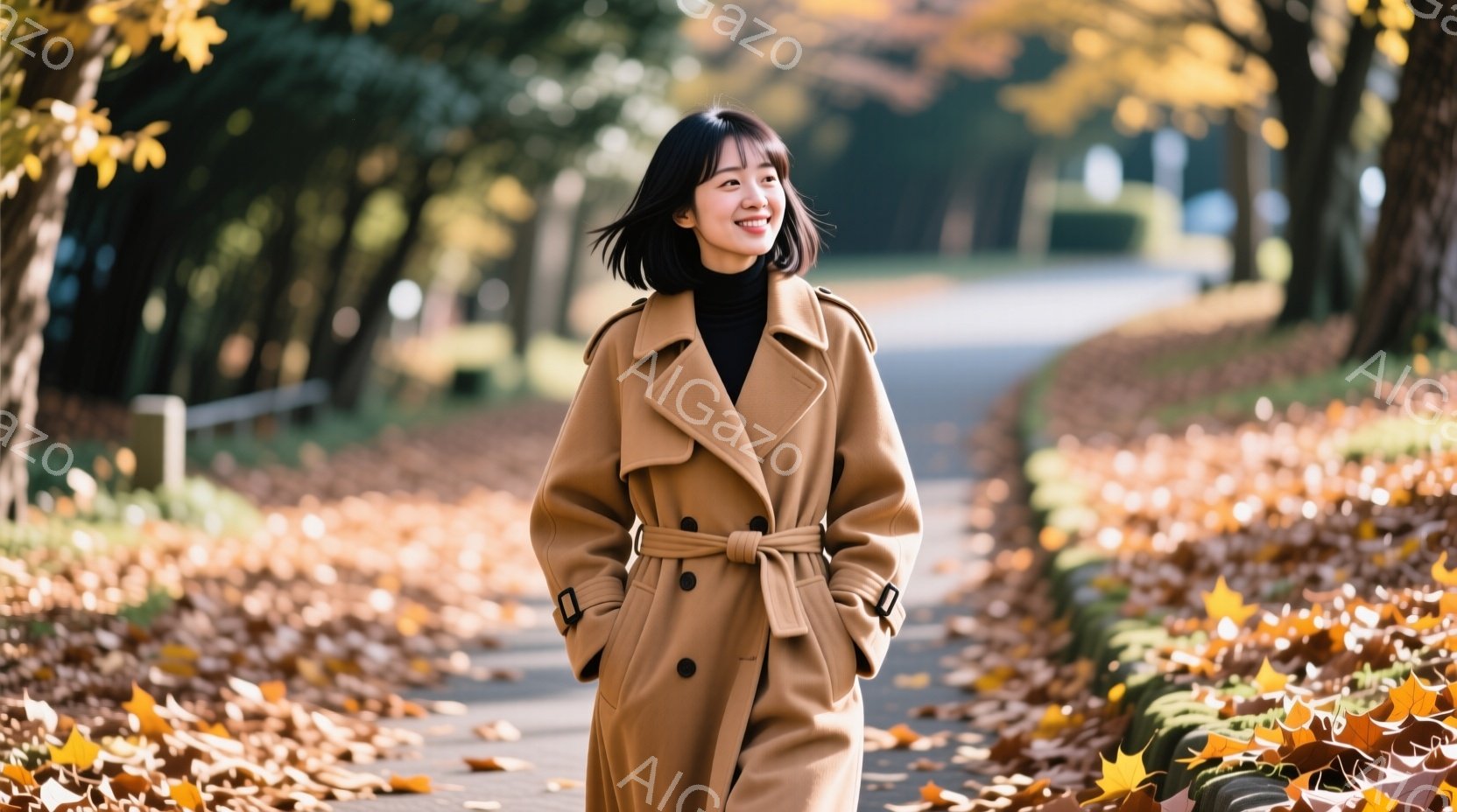 明るい茶色のトレンチコートを着た若い女性が、落ち葉が敷き詰められた道を歩いている。彼女は黒いニットを着用し、前髪のあるショートヘアで、わずかに微笑んだ表情をしている。背景には木々が並び、秋の穏やかな日差しが差し込み、暖かく平和な雰囲気を醸し出している。