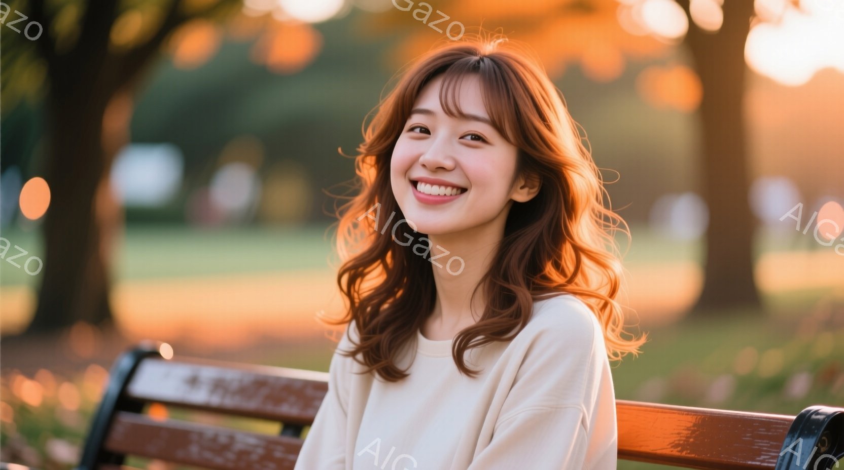 長い茶色のウェーブヘアをした若い女性が、公園のベンチに座って微笑んでいます。彼女はオフホワイトのセーターを着ており、表情は明るく、リラックスしています。背景には緑豊かな木々と、夕暮れのような柔らかな光が広がっており、穏やかで温かい雰囲気が漂っています。