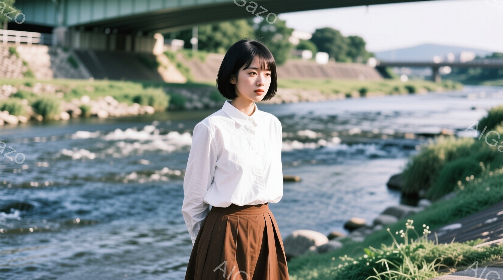 白いシャツに茶色のプリーツスカートを着用した若い女性が、川沿いの道で立っている。彼女は前を見つめ、やや憂いのある表情をしている。背景には川の流れと緑豊かな植生、そして橋が見え、穏やかで少し寂しげな雰囲気を醸し出している。