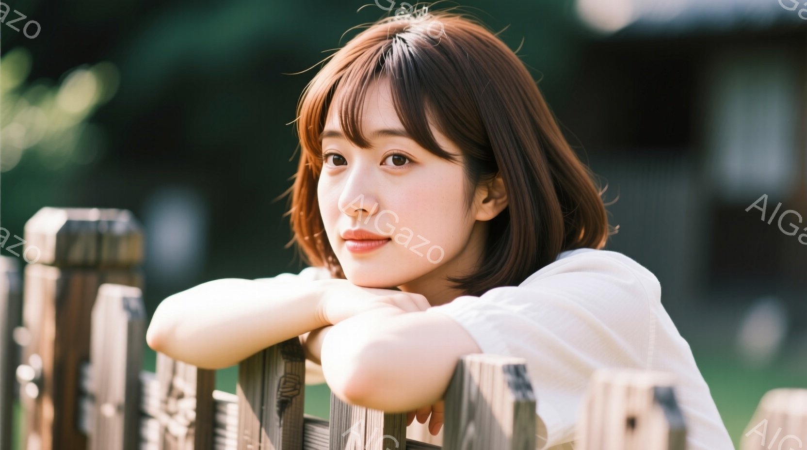 ショートヘアの女性が、木の柵にもたれかかって微笑んでいます。白いシャツを着ており、柔らかい光が彼女を照らしています。背景には緑豊かな自然があり、穏やかでリラックスした雰囲気が漂っています。 - AI生成フリー素材