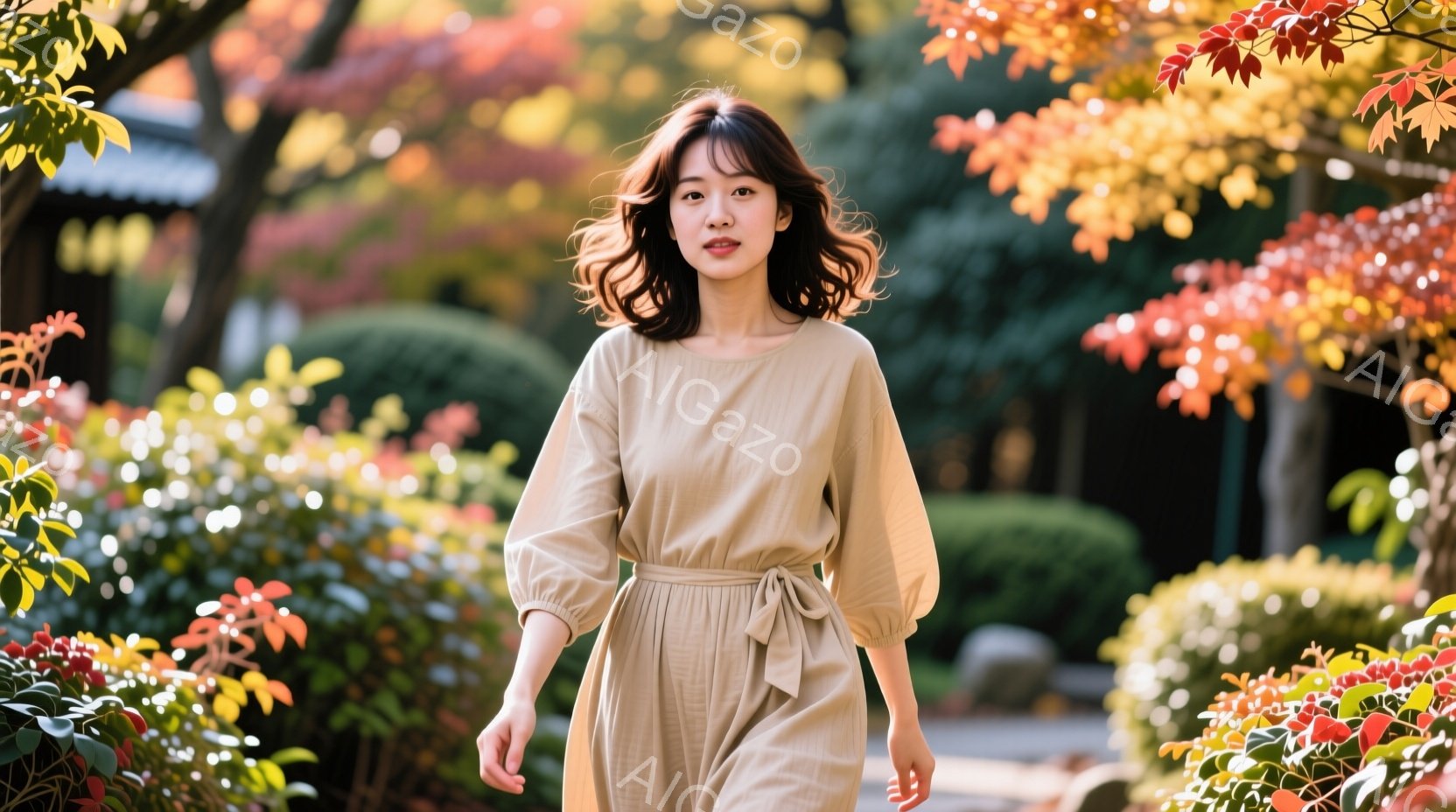 女性はベージュ色のゆったりとしたワンピースを着ており、ウエストが絞られています。彼女は軽く微笑んでおり、少し横を向いて歩いている様子です。背景には緑豊かな植物と紅葉した木々があり、穏やかで秋らしい雰囲気が漂っています。