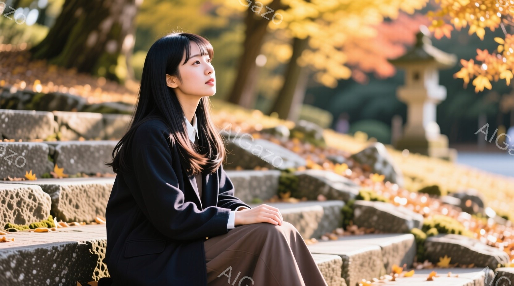 画像には、階段に座る若い女性が写っています。彼女は黒いジャケットと茶色のスカートを着ており、黒髪を肩まで伸ばしたヘアスタイルです。背景には鮮やかな紅葉と石灯籠があり、秋の穏やかな雰囲気を醸し出しています。