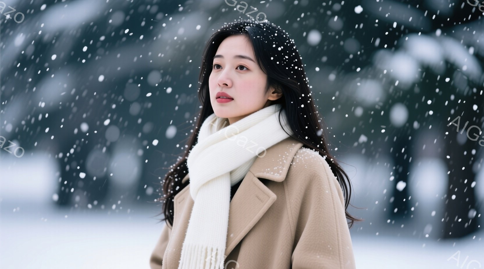 長い黒髪を肩から垂らし、ベージュ色のコートと白いマフラーを巻いた女性が描かれています。彼女は少し顔を傾け、遠くを見つめるように視線を送っており、物憂げな表情を浮かべています。背景は雪が舞う冬景色で、ぼやけた木々が確認でき、全体的に静かで穏やかな雰囲気が漂っています。