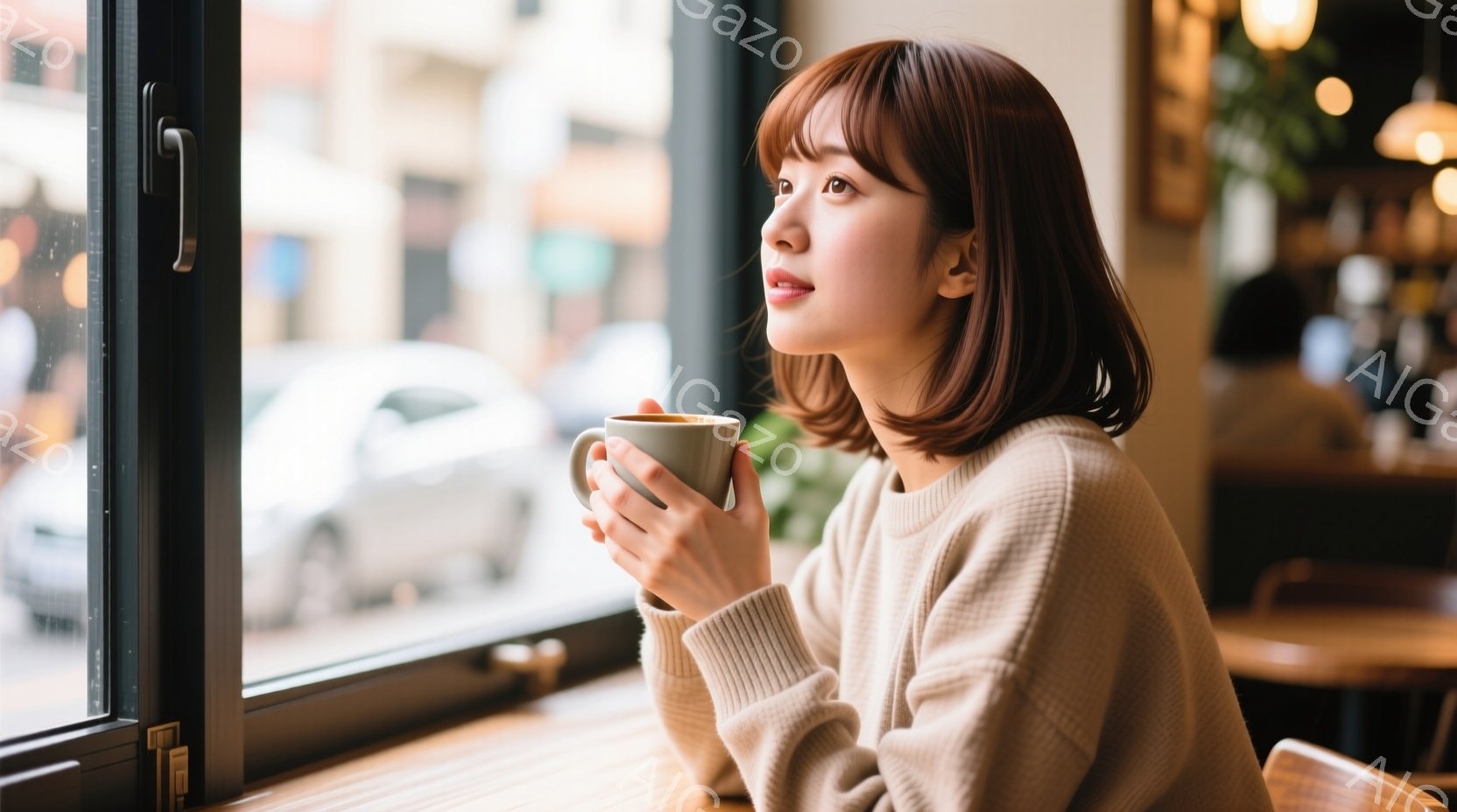 明るい茶色の髪を肩のあたりで切りそろえた女性が、窓の外を見つめています。ベージュ色のセーターを着ており、少し物憂げな表情を浮かべています。窓の外には、雨の日の街並みがぼんやりと見え、カフェの落ち着いた雰囲気が漂っています。