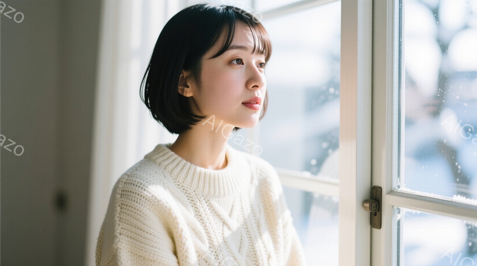 ショートヘアの女性が窓辺に立っており、オフホワイトのケーブルニットセーターを着ています。彼女は少し物憂げな表情で遠くを見つめており、窓の外には雪景色が広がっています。室内は明るく、全体的に穏やかで静寂な雰囲気が漂っています。
