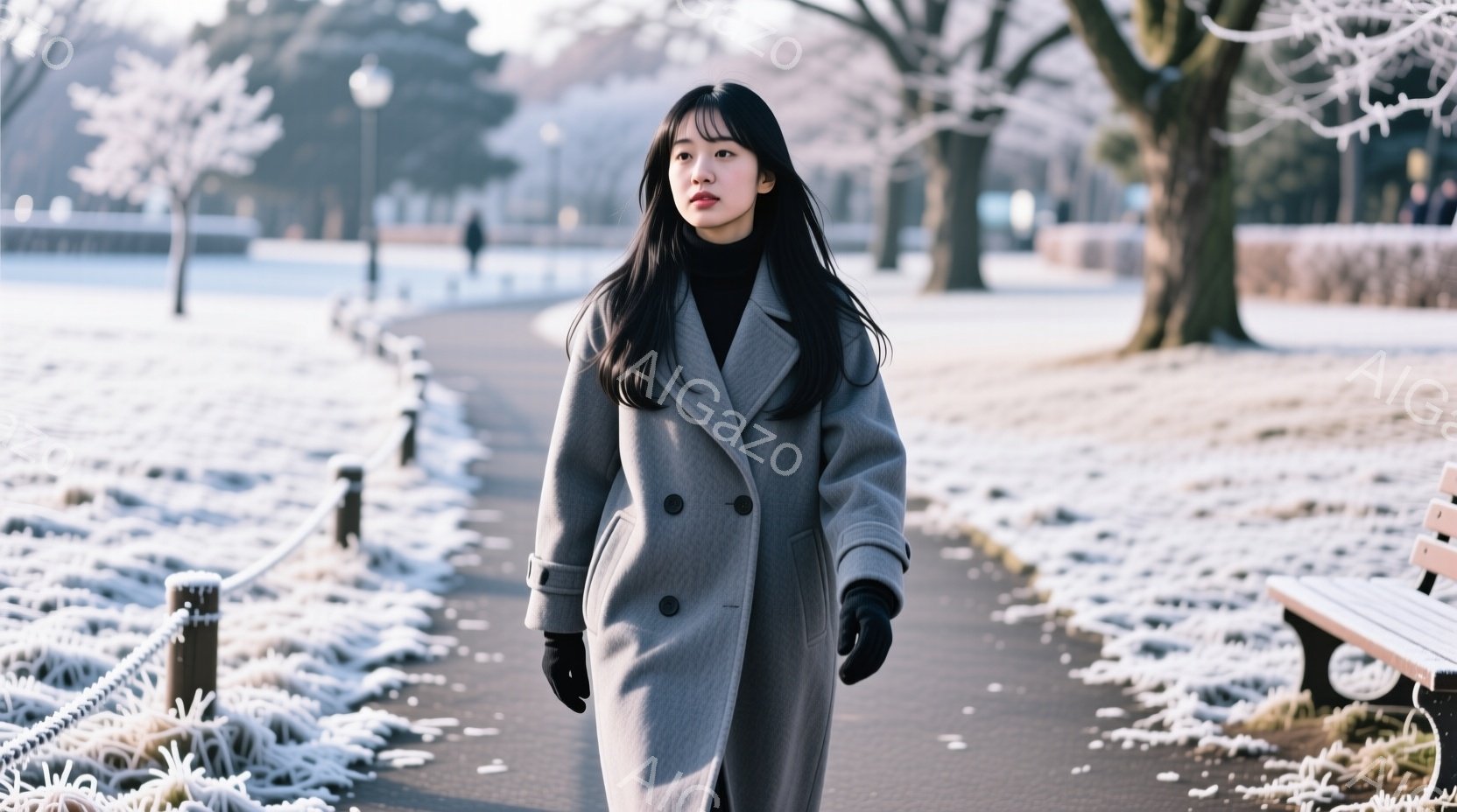 長い黒髪をなびかせ、グレーのコートを着た女性が公園の道を歩いている。彼女は黒い手袋を着用し、少しこちらを見て物憂げな表情を浮かべている。背景には雪で覆われた木々とベンチ、そして遠くに見える建物があり、全体的に冬の静寂で穏やかな雰囲気が漂っている。