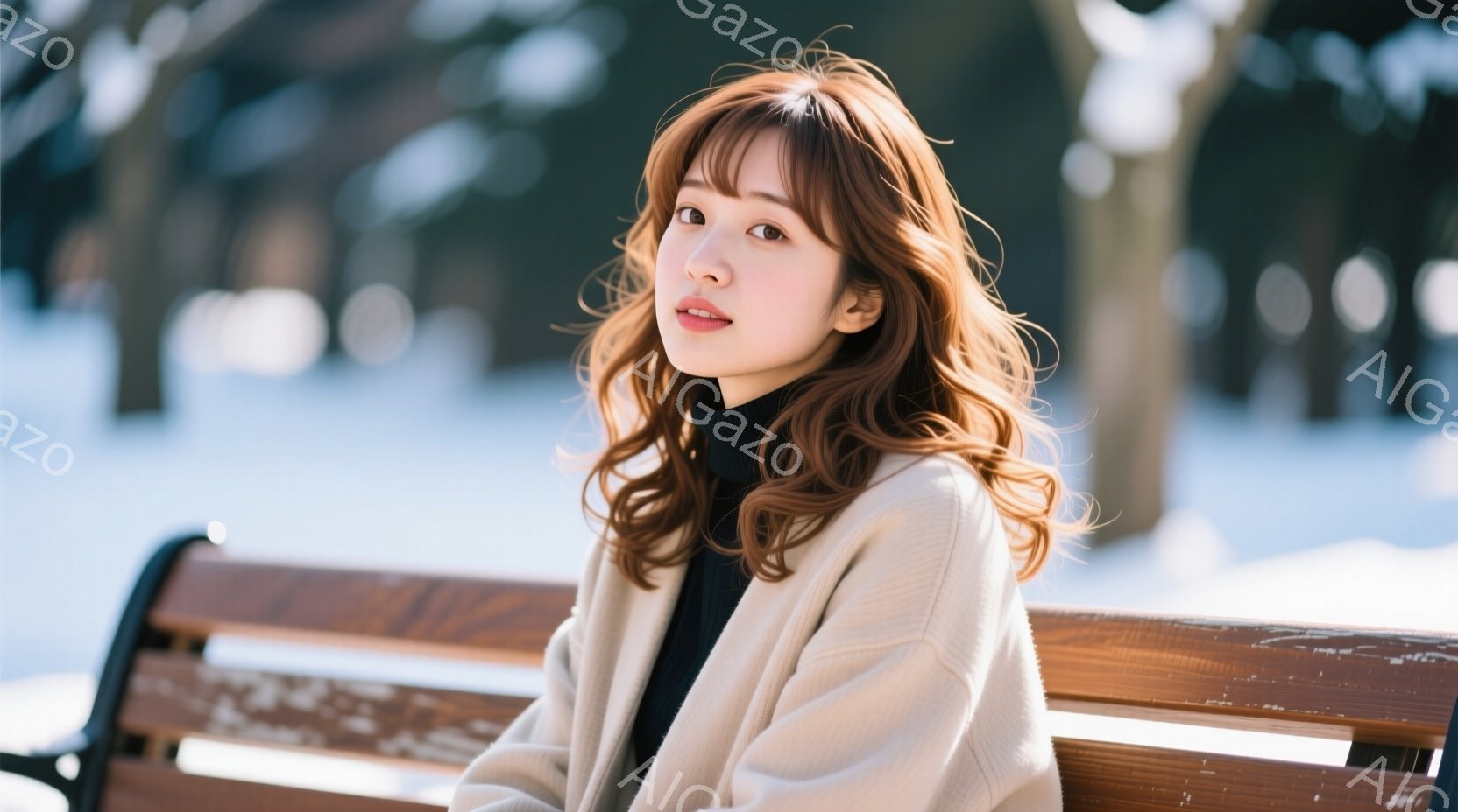 長い茶色の巻き髪をした女性が、公園のベンチに座ってこちらを見ています。ベージュ色のコートに黒いインナーを着ており、穏やかで少し微笑んだ表情をしています。背景には雪景色が広がり、冬の静かで落ち着いた雰囲気が漂っています。