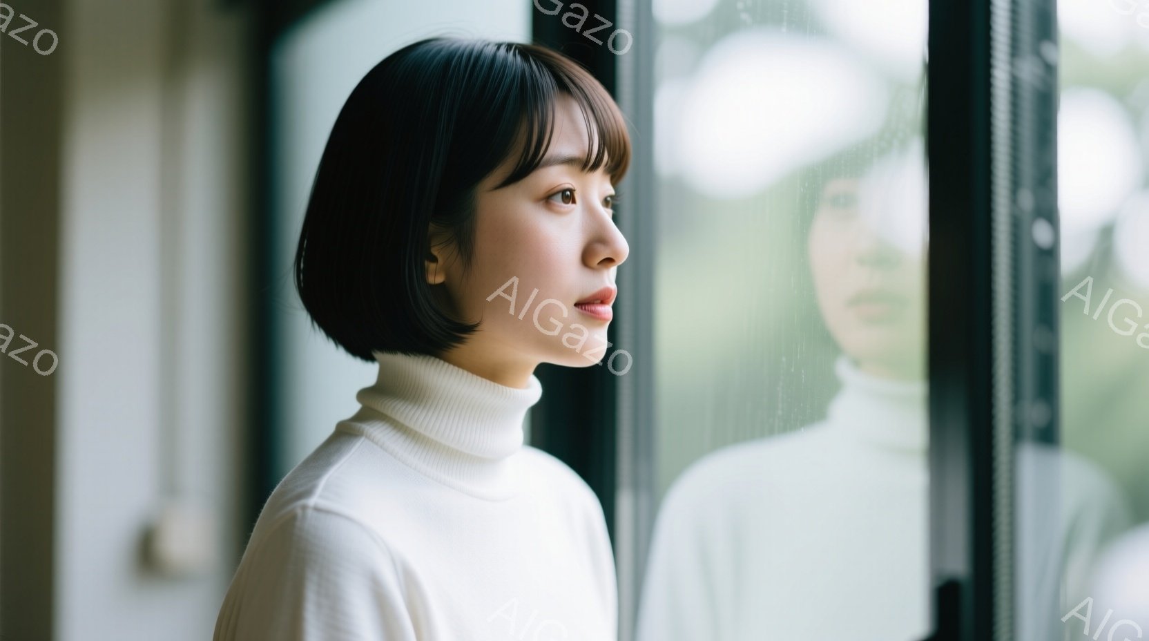 ショートカットの女性が窓の外を見つめています。白いタートルネックセーターを着ており、物思いにふけるような表情をしています。窓の外には緑が見え、雨が降っているようで、全体的にしっとりとした、内省的な雰囲気が漂っています。