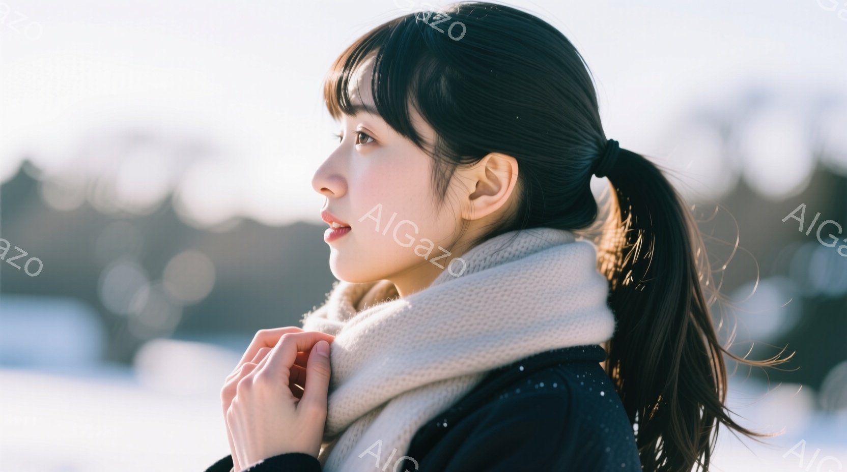 長い黒髪をポニーテールにした若い女性が、白い厚手のニットマフラーを巻いています。彼女はわずかに口を開けて遠くを見つめ、少し寒さに震えているように見えます。背景にはぼやけた木々が見え、雪が降っているか、あるいは冬の冷たい空気が漂っていることが伺えます。