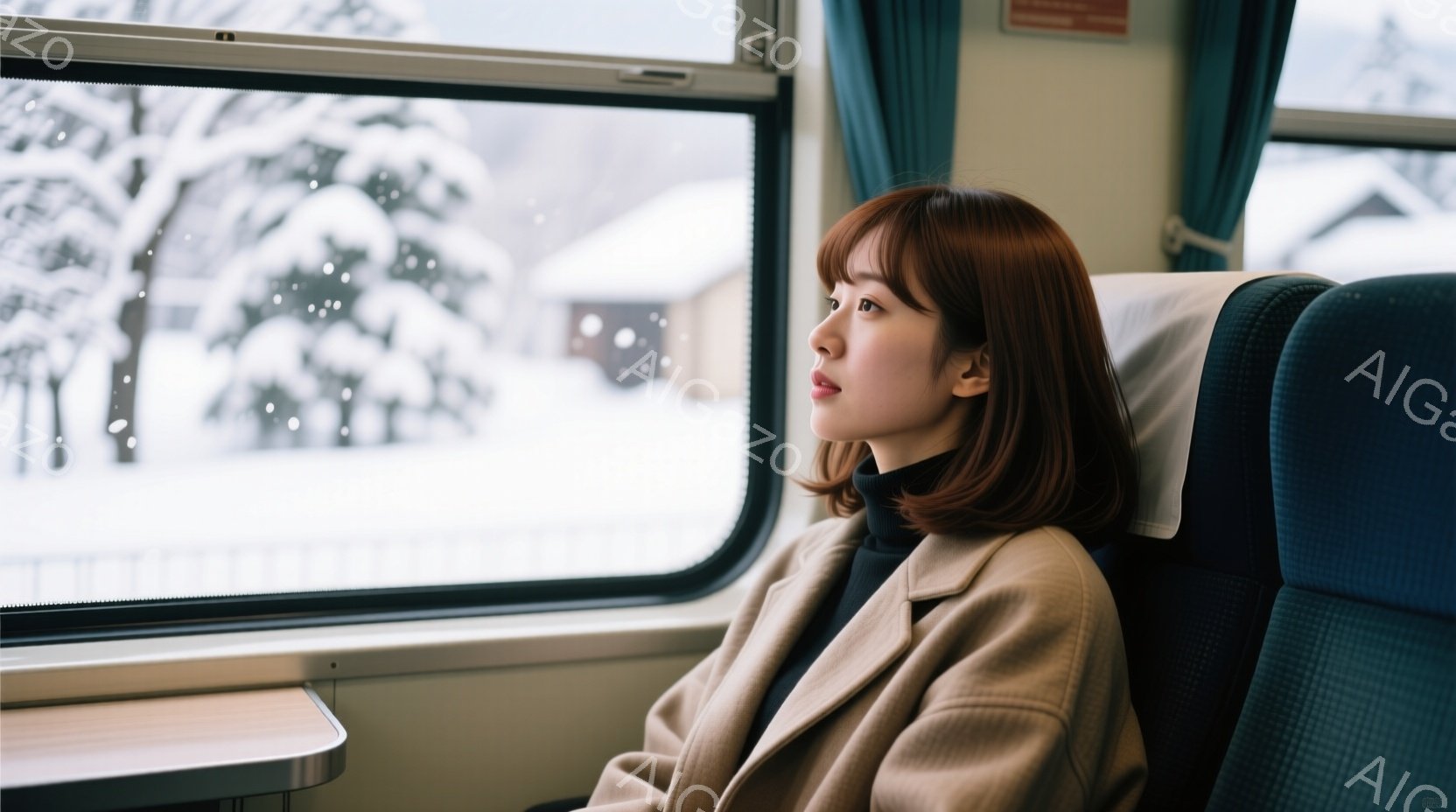 赤茶色の髪を肩のあたりで切りそろえた女性が、ベージュ色のコートと黒いインナーを着て、列車の窓の外を物憂げに見つめている。彼女はリクライニングシートに座り、少しうつむき加減で、静かで落ち着いた雰囲気を醸し出している。窓の外には雪景色が広がり、白い屋根の建物や雪に覆われた木々が見え、冬の穏やかな一日を思わせる。