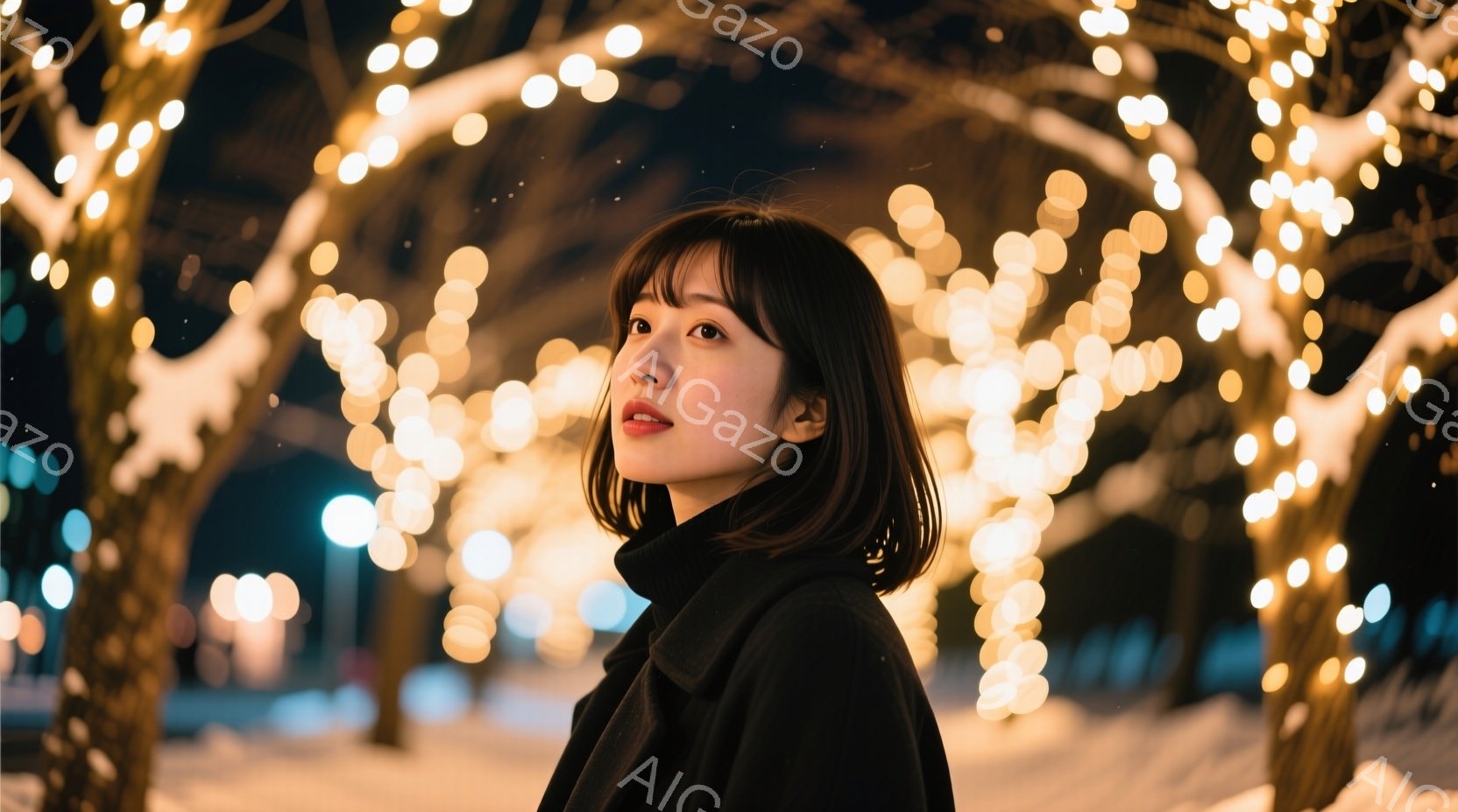 黒いセーターを着た若い女性が、わずかに横を向いてこちらを見ている。彼女は短い黒髪で、表情は穏やかで少し微笑んでいるように見える。背景には、ぼんやりと光る街路樹のイルミネーションが広がり、雪が舞っている様子が伺える、幻想的な雰囲気の夜景である。