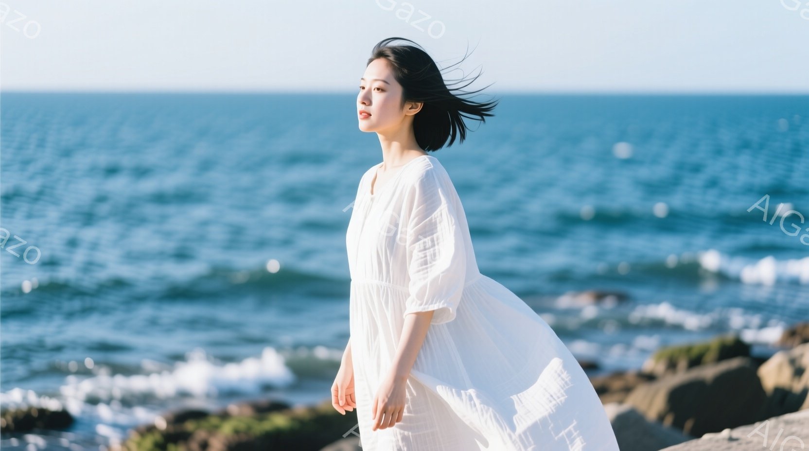 白いワンピースを着た女性が、海を背景に横を向いて立っている。彼女は黒髪で、風になびいている。背景には青い海と岩場が広がり、晴天の下、穏やかで幻想的な雰囲気を醸し出している。 - AI生成フリー素材