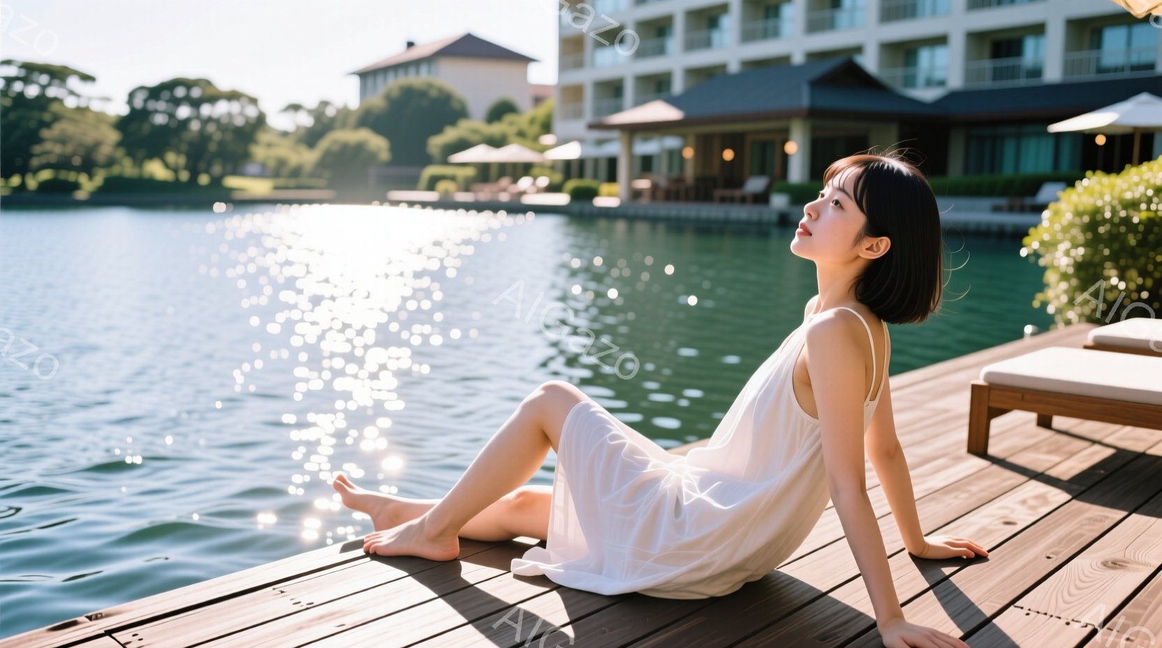 白いワンピースを着た若い女性が、桟橋に足を投げ出して座っている。彼女は黒髪のショートボブで、顔を少し上に向けて穏やかな表情を浮かべている。背景には穏やかな水面と緑豊かな植生、そしてモダンな建物が見え、 - AI生成フリー素材
