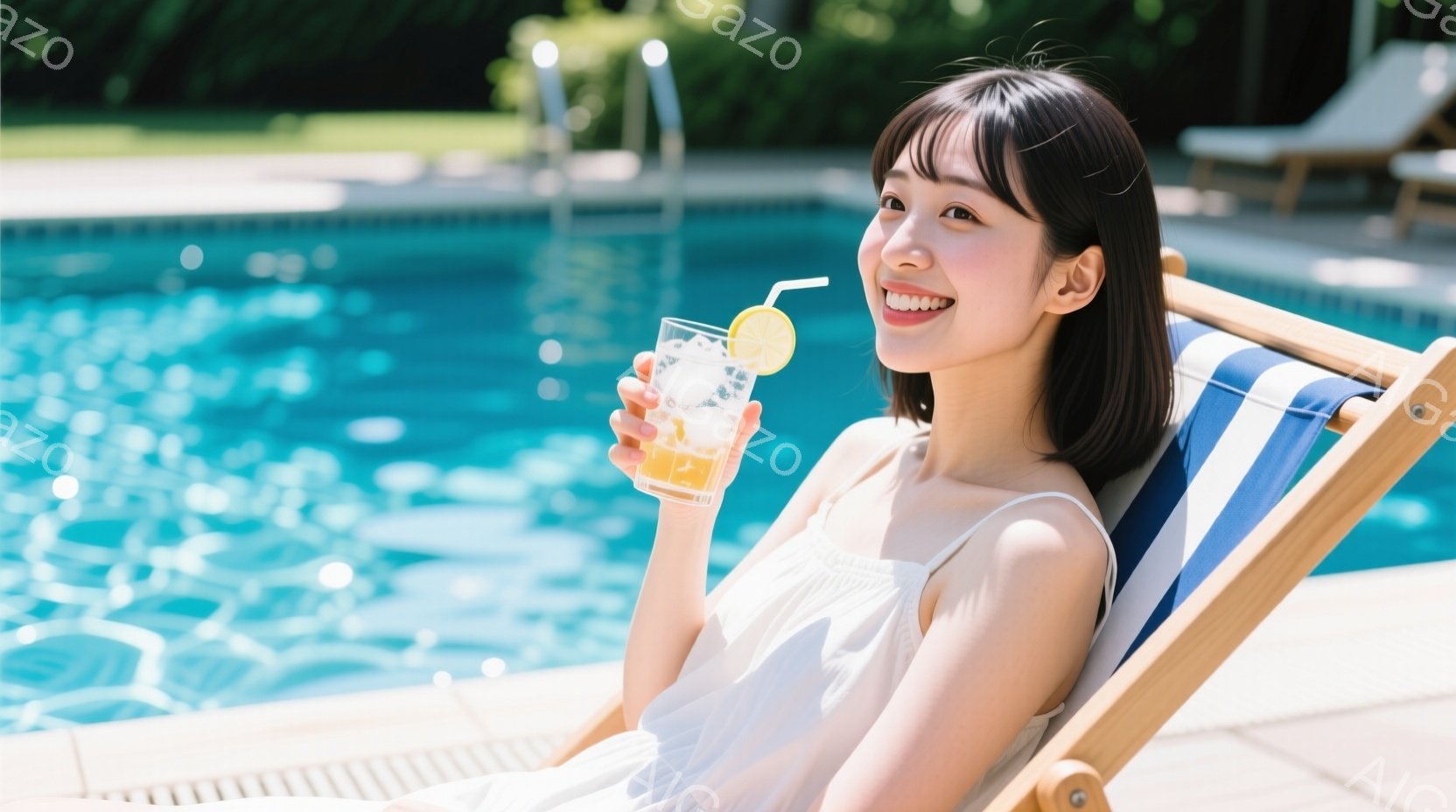 白いワンピースを着た女性が、プールサイドのデッキチェアに座ってリラックスしています。彼女は髪を短く切り揃え、笑顔でグラスに入った飲み物を手にしています。背景には青いプールの水面と緑豊かな木々が見え、晴 - AI生成フリー素材