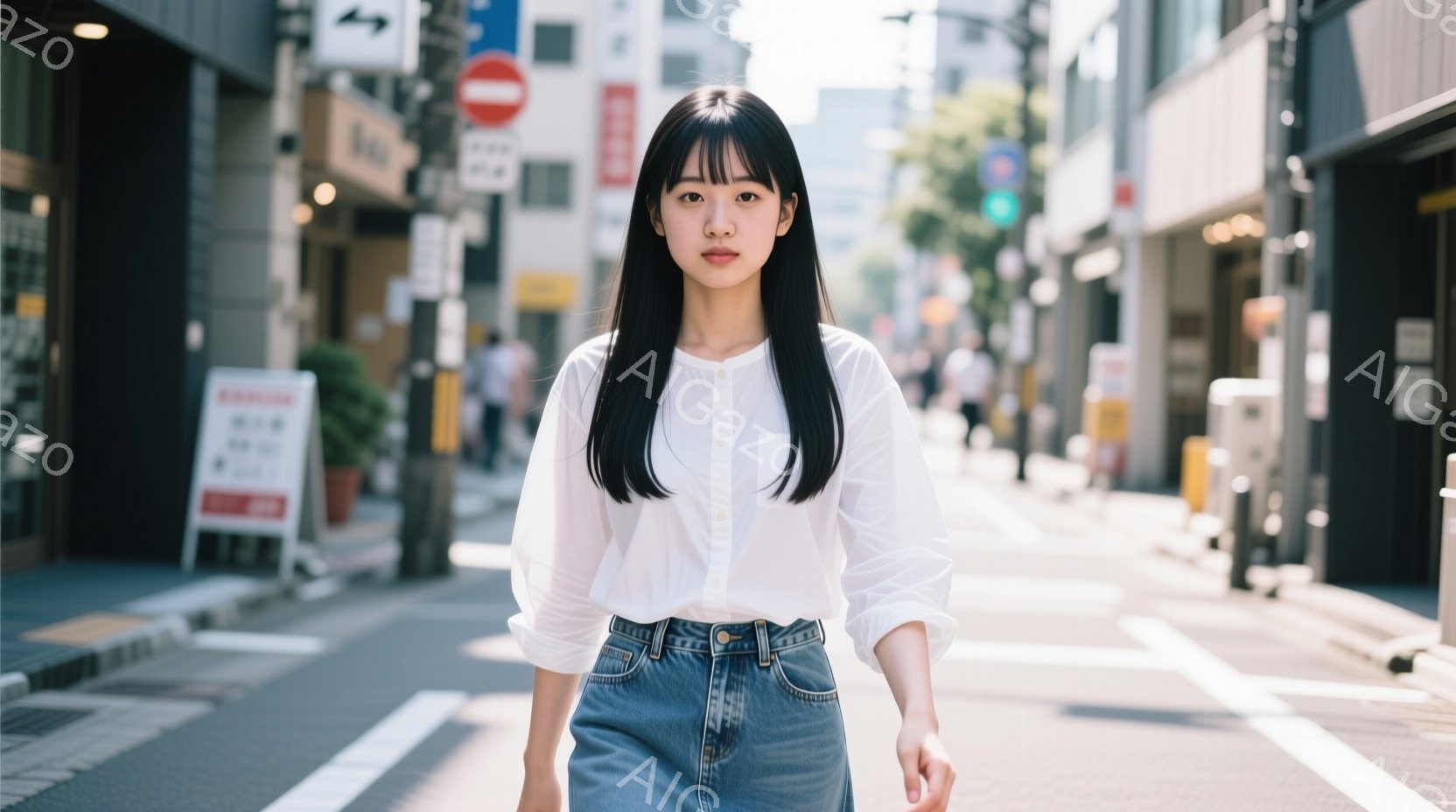 若い女性が白いブラウスとデニムのスカートを着用し、道路の中央をまっすぐカメラに向かって歩いている。彼女は黒髪で前髪が長く、表情は穏やかで落ち着いている。背景には建物や歩道があり、晴天で日差しが強く、活気のある都市の雰囲気が感じられる。