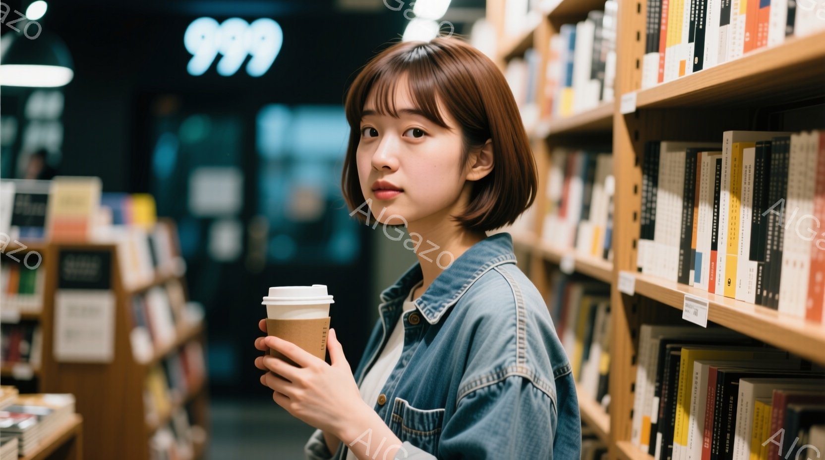 明るい茶髪で前髪を下ろした若い女性が、紙コップに入った飲み物を片手に持っています。彼女はデニムジャケットを着ており、少し微笑んだ表情でカメラを見ています。背景には本棚が並び、明るい照明が灯っている様子から、書店の内部であることがわかります。