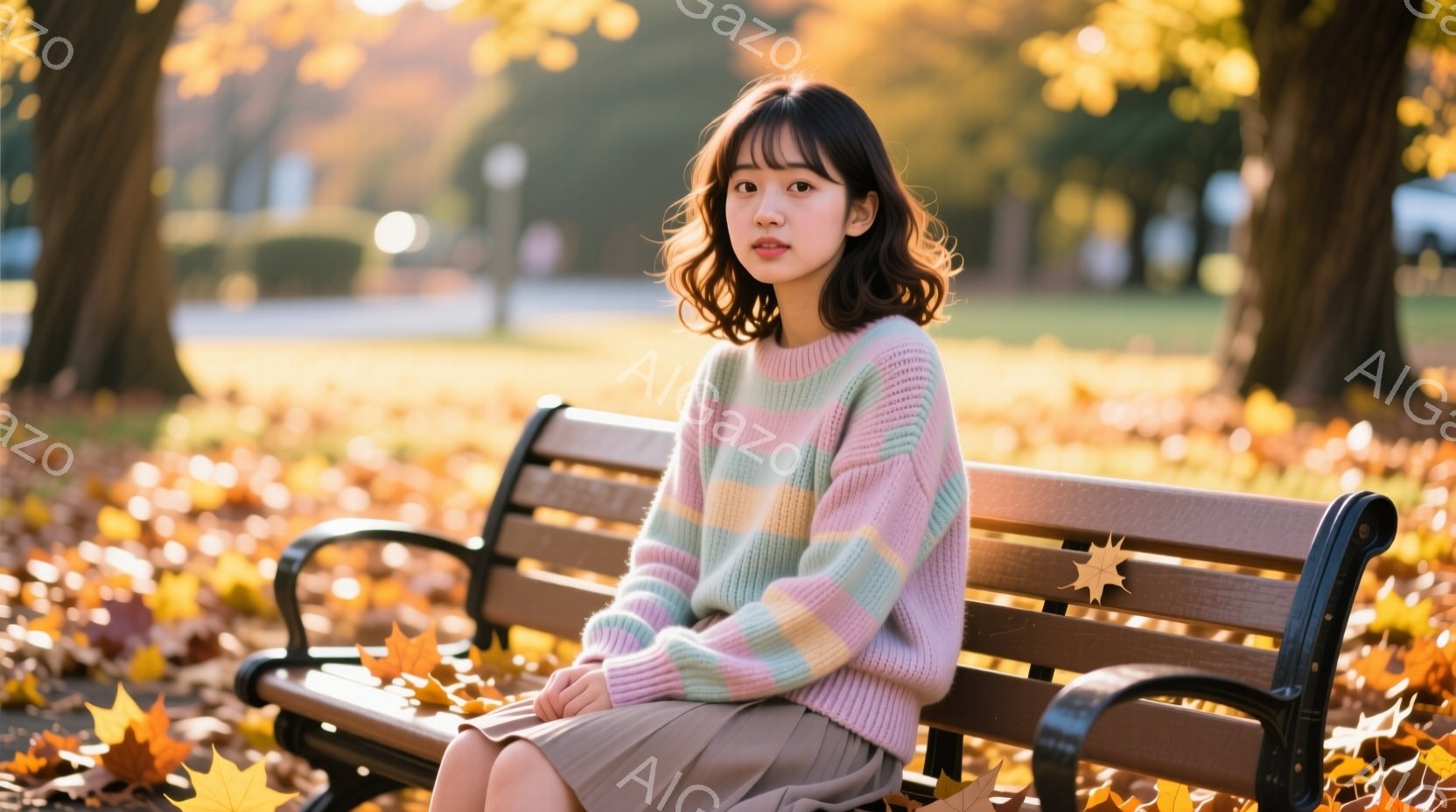 画像には、公園のベンチに座っている若い女性が写っています。彼女は、パステルカラーのストライプセーターとベージュのスカートを着ており、ダークブラウンのショートヘアにしています。背景には、紅葉した木々と、穏やかな日差しが差し込む公園の風景が広がっており、全体的に暖かく、落ち着いた雰囲気です。