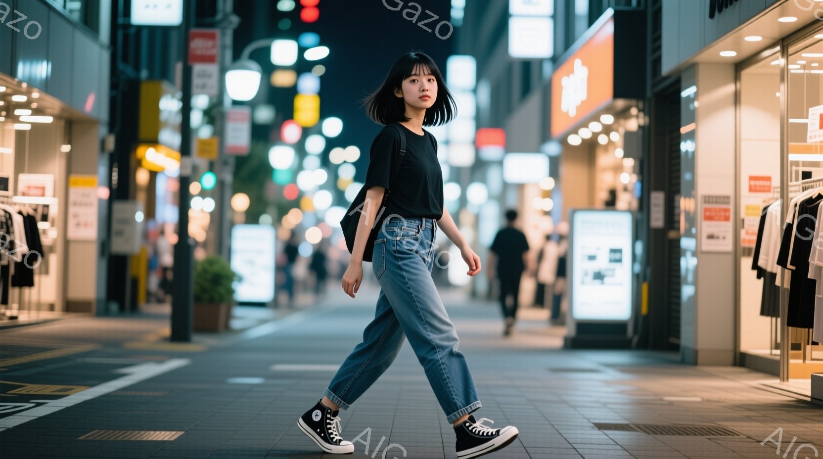 若い女性が夜の街を歩いている写真です。彼女は黒いTシャツ、ルーズフィットのジーンズ、そして黒いコンバースのスニーカーを履いています。背景には、明るい照明に照らされた商店や歩行者がぼやけて写っており、現代的な都市の夜の雰囲気を感じさせます。