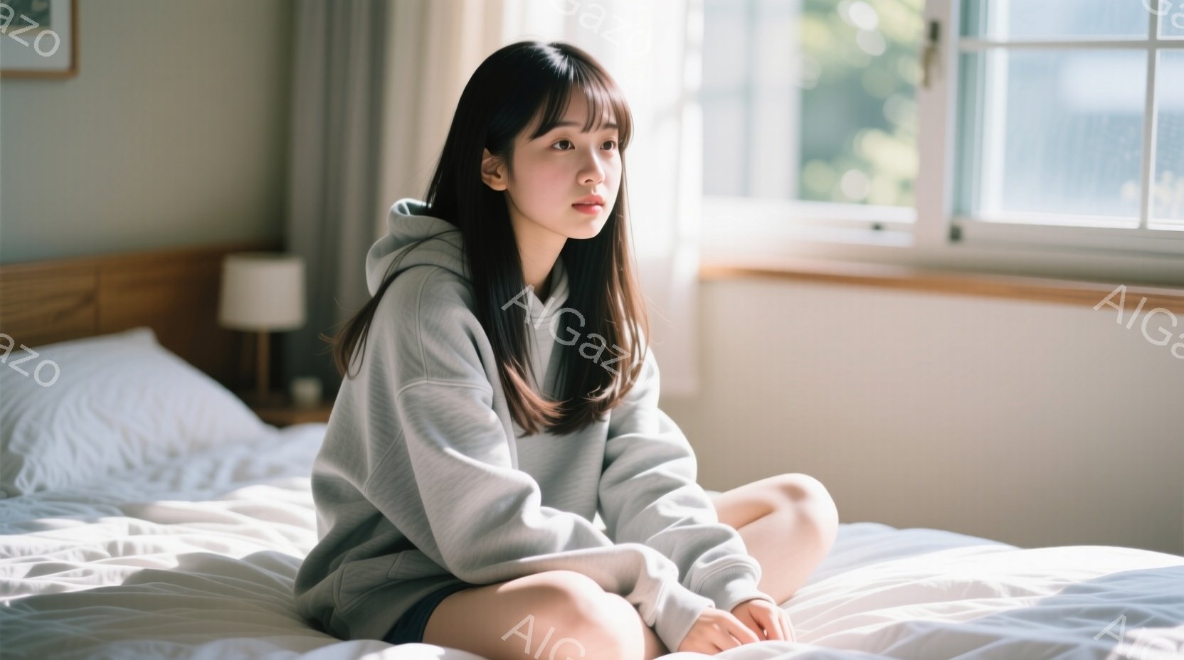 明るい部屋のベッドに座る若い女性が写っている。グレーのパーカーを着ており、髪は肩にかかる長さで、前髪は眉毛にかかっている。彼女は少し物憂げな表情で、膝を抱えて座っており、全体的に穏やかで内省的な雰囲気を醸し出している。