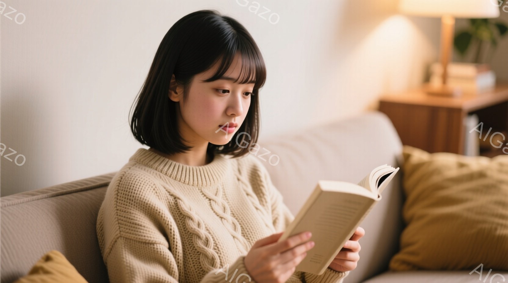 ベージュ色のケーブルニットセーターを着た若い女性が、クリーム色のソファに座って本を読んでいます。彼女はダークブラウンのショートヘアで、やや下を向いた表情で集中して読書にふけっています。背景には木製のサイドテーブルと観葉植物が見え、穏やかでリラックスした雰囲気が漂っています。