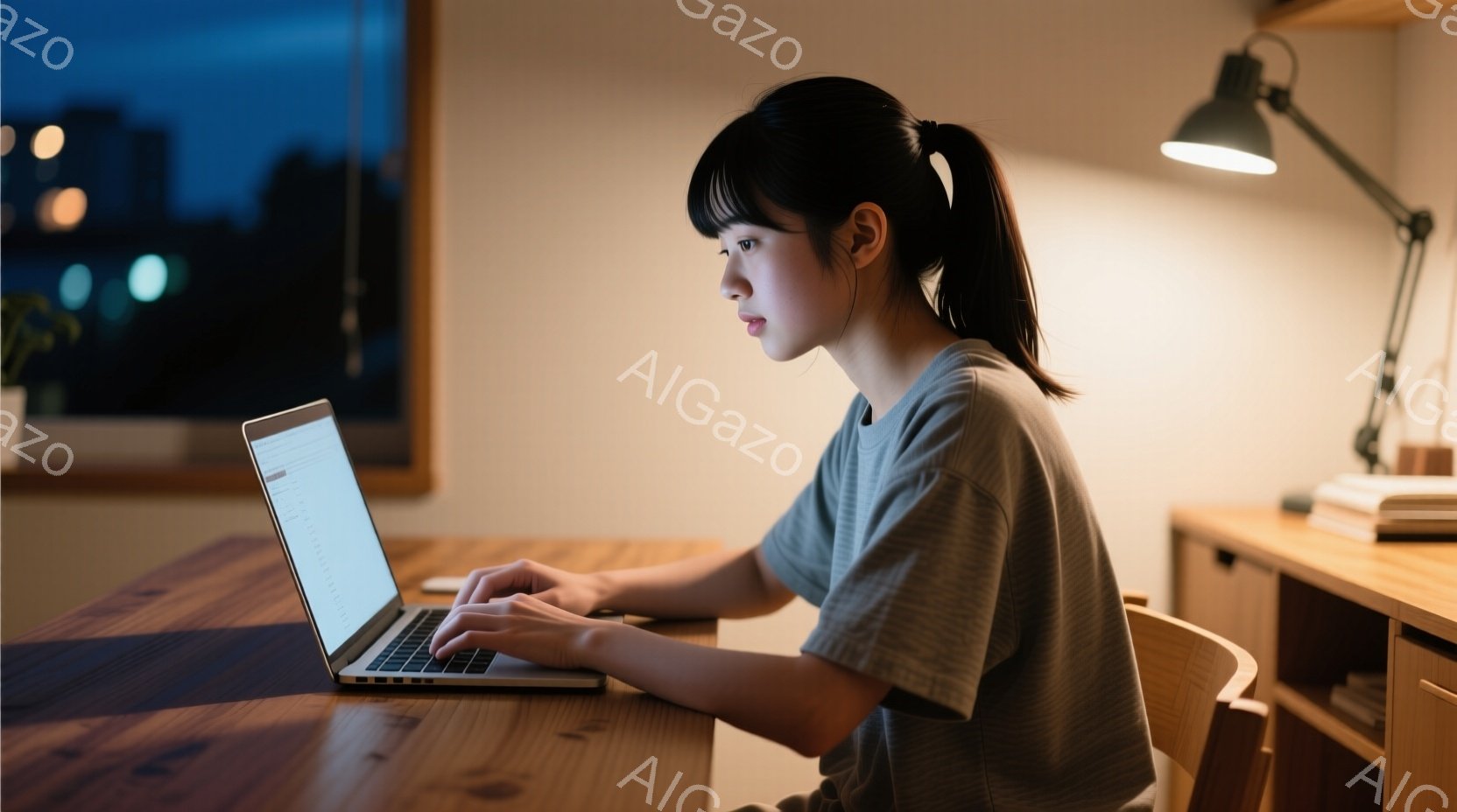 若い女性が木製の机でノートパソコンを操作している。彼女はグレーのTシャツを着ており、髪は後ろでポニーテールに結ばれている。背景には夜景が見え、机の上には本やランプが置かれ、集中して作業に取り組む落ち着いた雰囲気が漂っている。