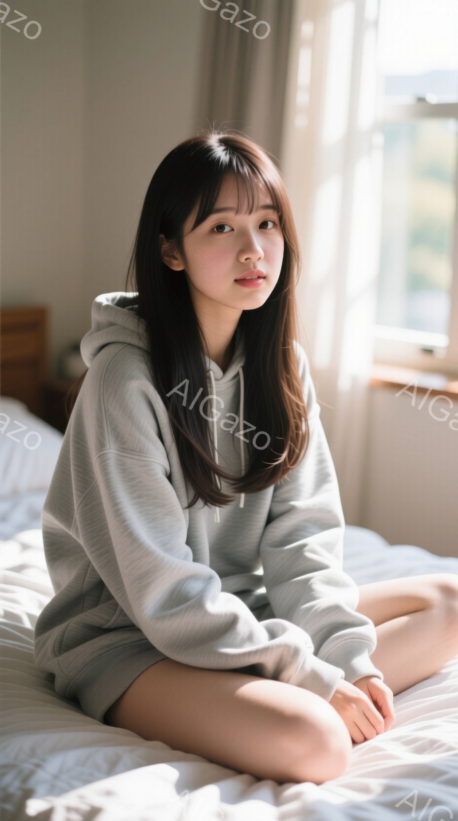 長い黒髪で前髪がぱっつんとなった女性が、白いベッドに座ってこちらを見ている。グレーのパーカーを着ており、リラックスした表情で、穏やかな雰囲気を醸し出している。背景は窓から差し込む光で明るく、部屋の一部が見え、全体的に柔らかな印象を与える。