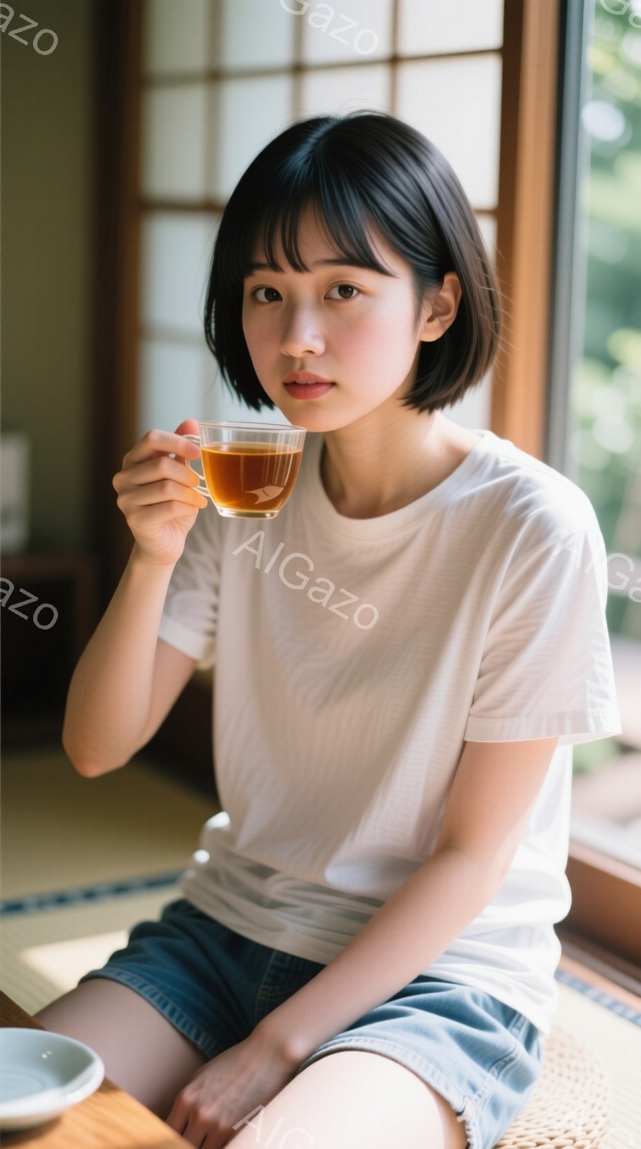 短い黒髪の女性が、窓辺の畳の上で温かい飲み物を手に持っています。白いTシャツとデニムのショートパンツを着ており、リラックスした表情で飲み物を見つめています。背景には、日本の伝統的な障子窓と緑が見え、穏やかで静かな雰囲気を醸し出しています。