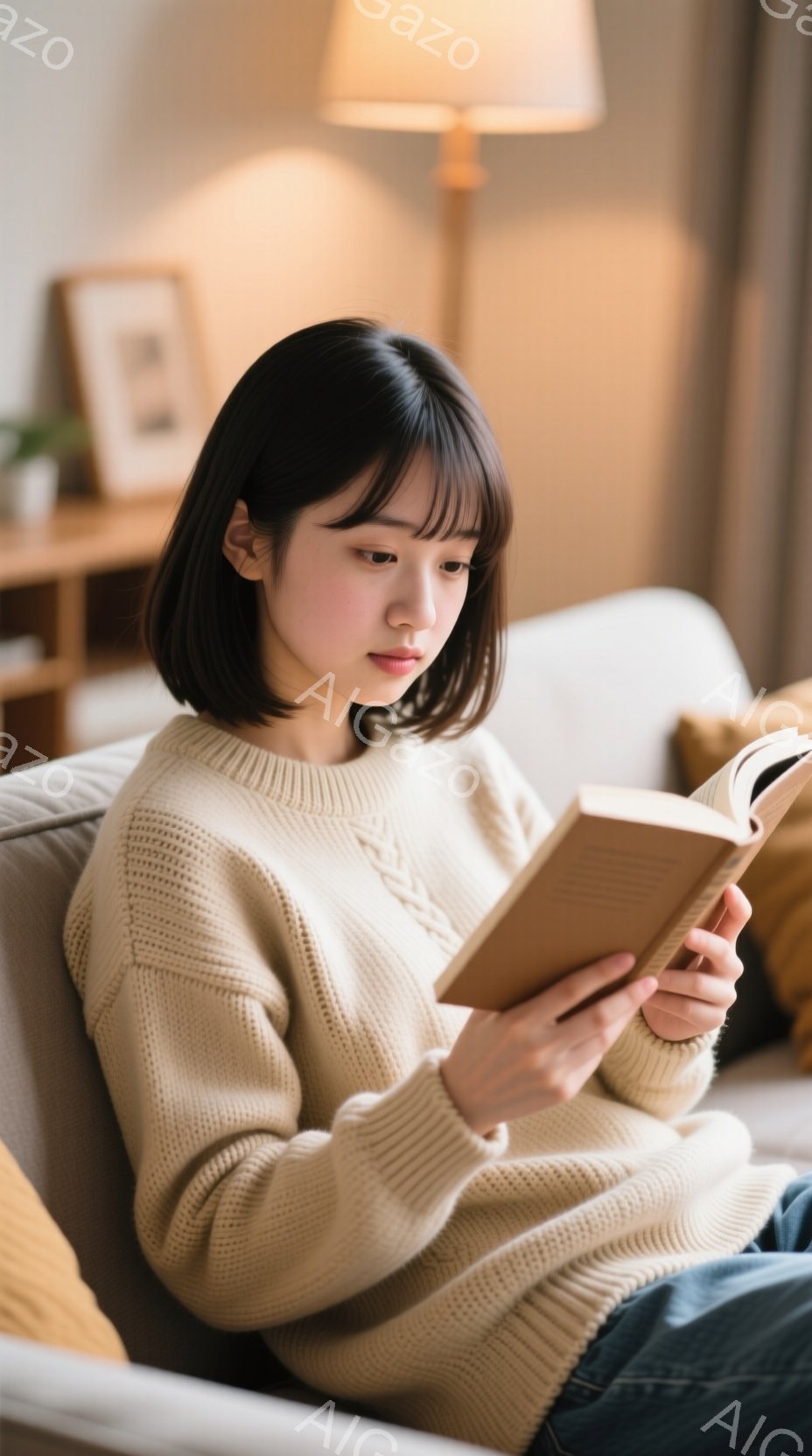若い女性がソファに座って本を読んでいます。彼女はベージュ色のケーブルニットセーターを着ており、前髪のあるダークブラウンのボブヘアです。穏やかな表情で、リラックスした雰囲気の室内で読書を楽しんでいる様子 - AI生成フリー素材