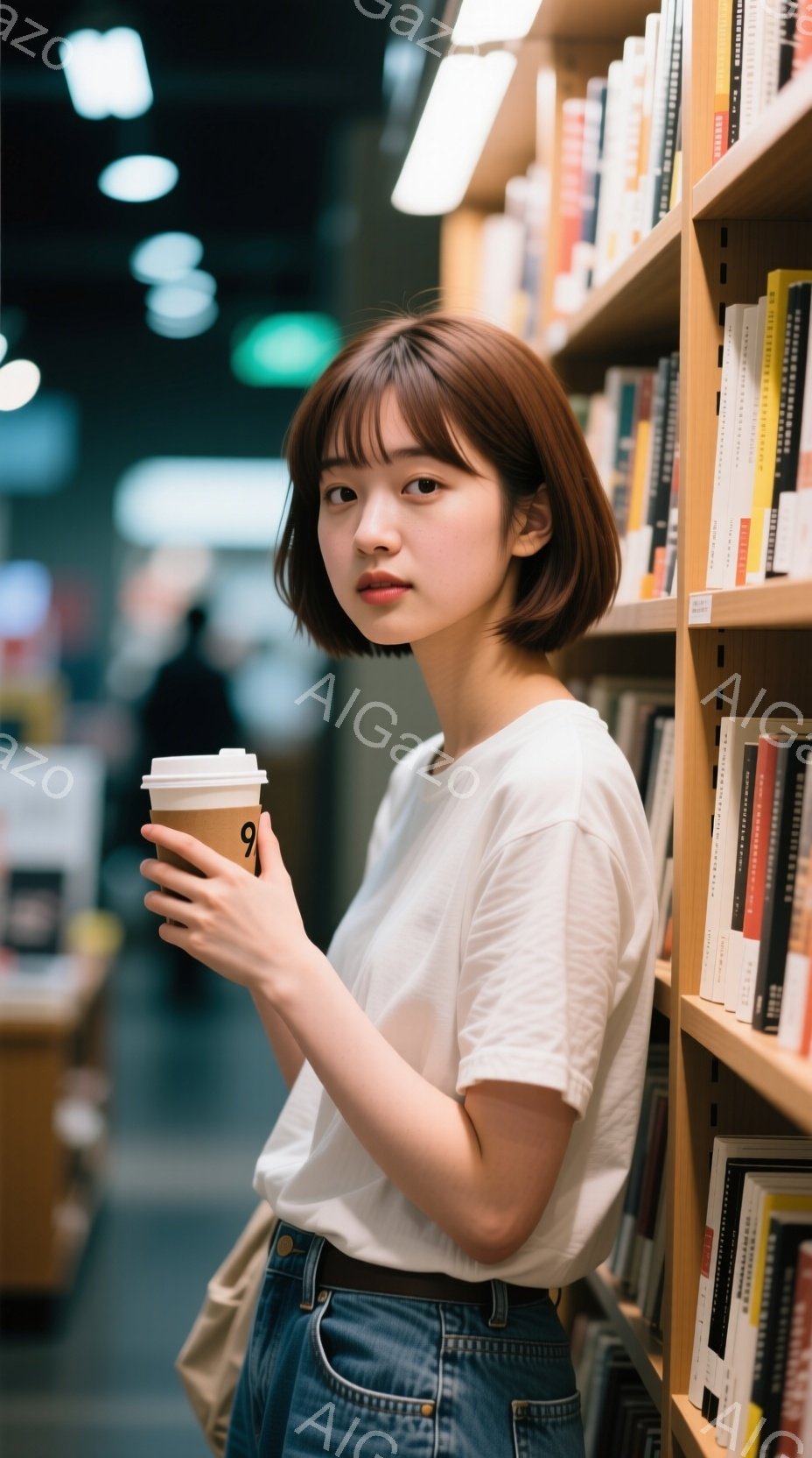 若い女性が書店でコーヒーカップを持ちながら立っている。彼女は白いTシャツとデニムのズボンを着用し、前髪のあるショートヘアで、少し微笑んだ表情をしている。背景には本の棚が並び、落ち着いた雰囲気の屋内空間である。