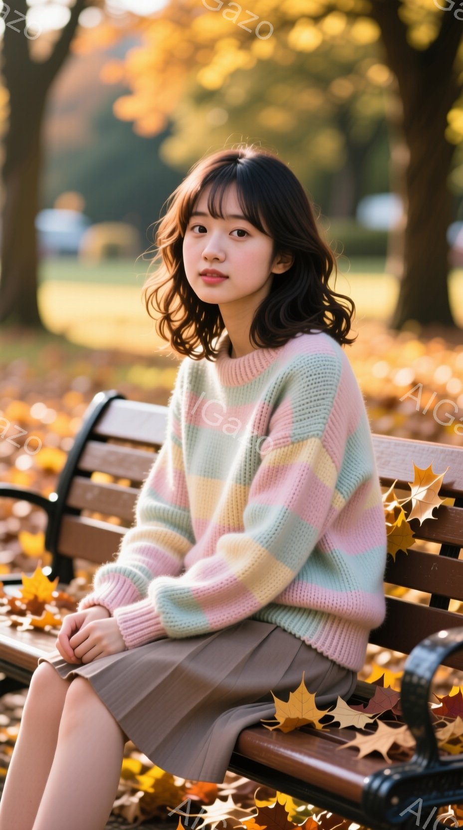 彼女はチェック柄のセーターとスカートを身につけ、公園のベンチに座っています。表情は穏やかで、少し微笑んでいるように見えます。背景には紅葉した木々と落ち葉が散らばり、秋の穏やかな雰囲気が漂っています。