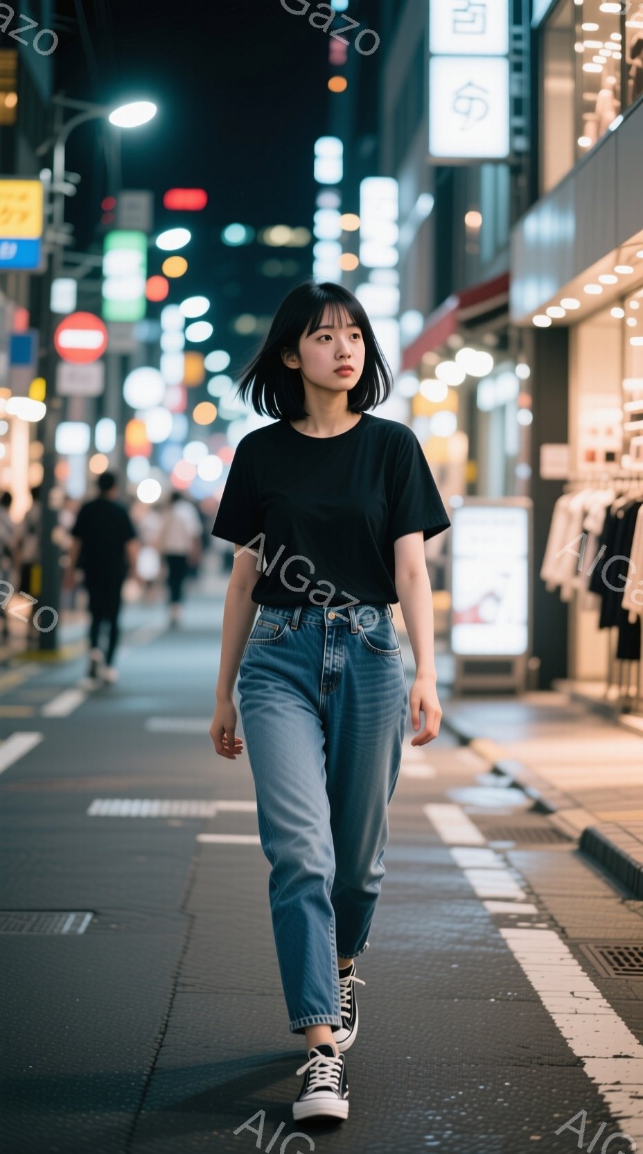 若い女性が夜の街を歩いている。黒いTシャツとルーズフィットのジーンズ、そしてコンバースのシューズを身に着けており、短い黒髪は肩にかかっている。背景にはぼやけた街灯とお店が見え、夜の静けさと都市の活気を感じさせる。