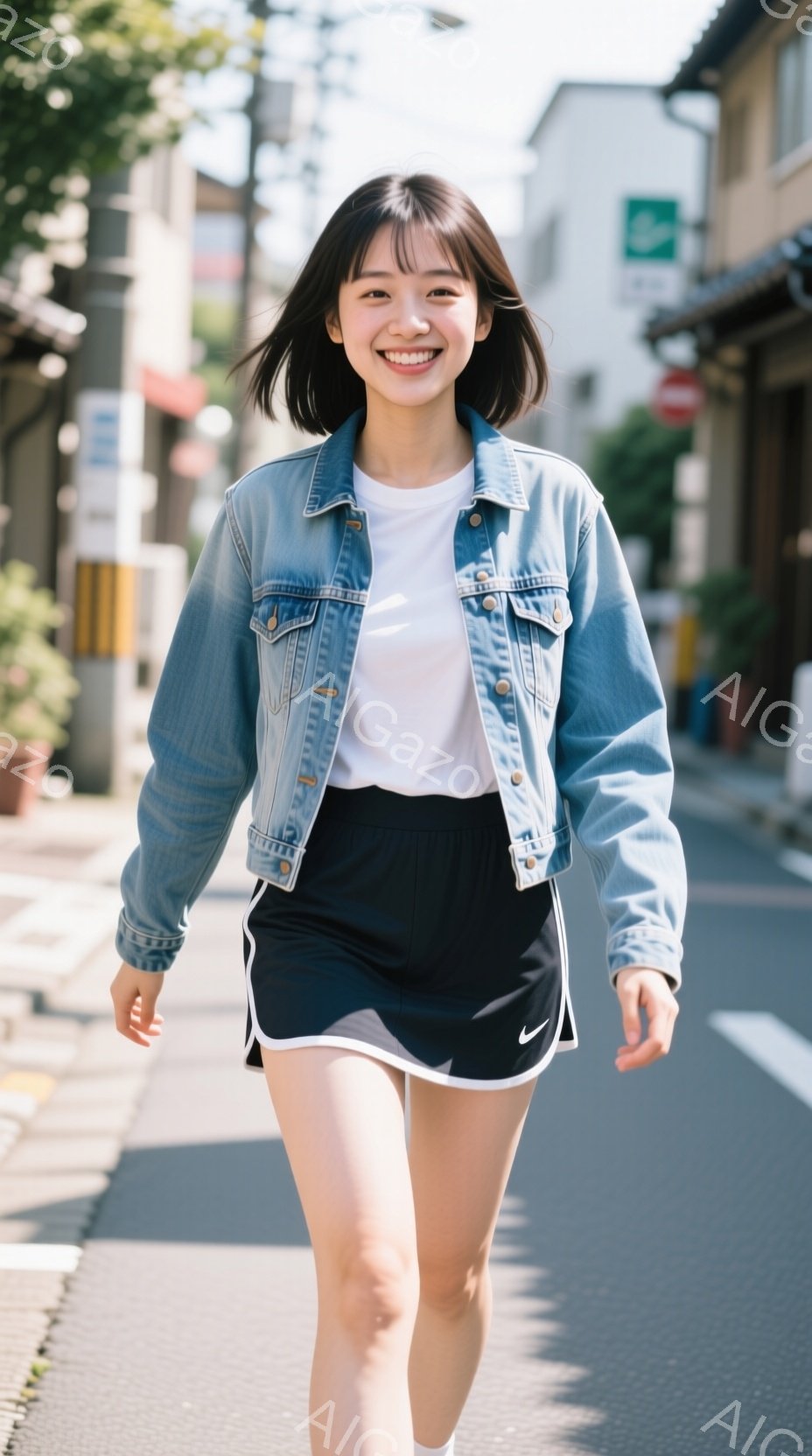 若い女性がアスファルトの道の上を歩いている。彼女は白いTシャツにデニムジャケット、黒いショートパンツを着ており、明るい笑顔を浮かべている。背景には、古い木造建築と日当たりの良い晴天が広がっており、活気がありながらも穏やかな雰囲気が漂っている。