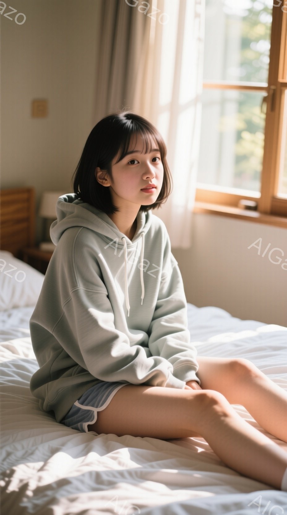 若い女性が白いベッドに座っており、パステルグリーンのパーカーとショートパンツを着用しています。彼女は短い黒髪で、前髪が目に少しかかっています。穏やかな表情で、自然光が差し込む部屋の中でリラックスした雰囲気です。