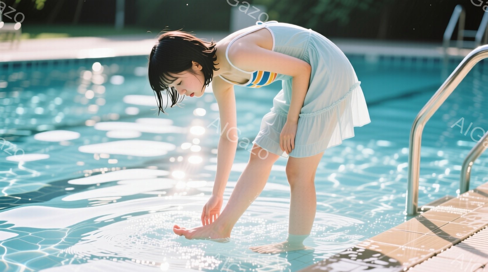 明るい水色のワンピースを着た少女が、プールの縁に片膝をつき、つま先を水に浸しています。彼女は黒髪のボブスタイルで、水面を見下ろした表情からは、水温や感触を確かめている様子が伺えます。背景にはタイル張りのプールの縁と、ぼやけた緑の木々が見え、晴れた日の穏やかな雰囲気を伝えています。