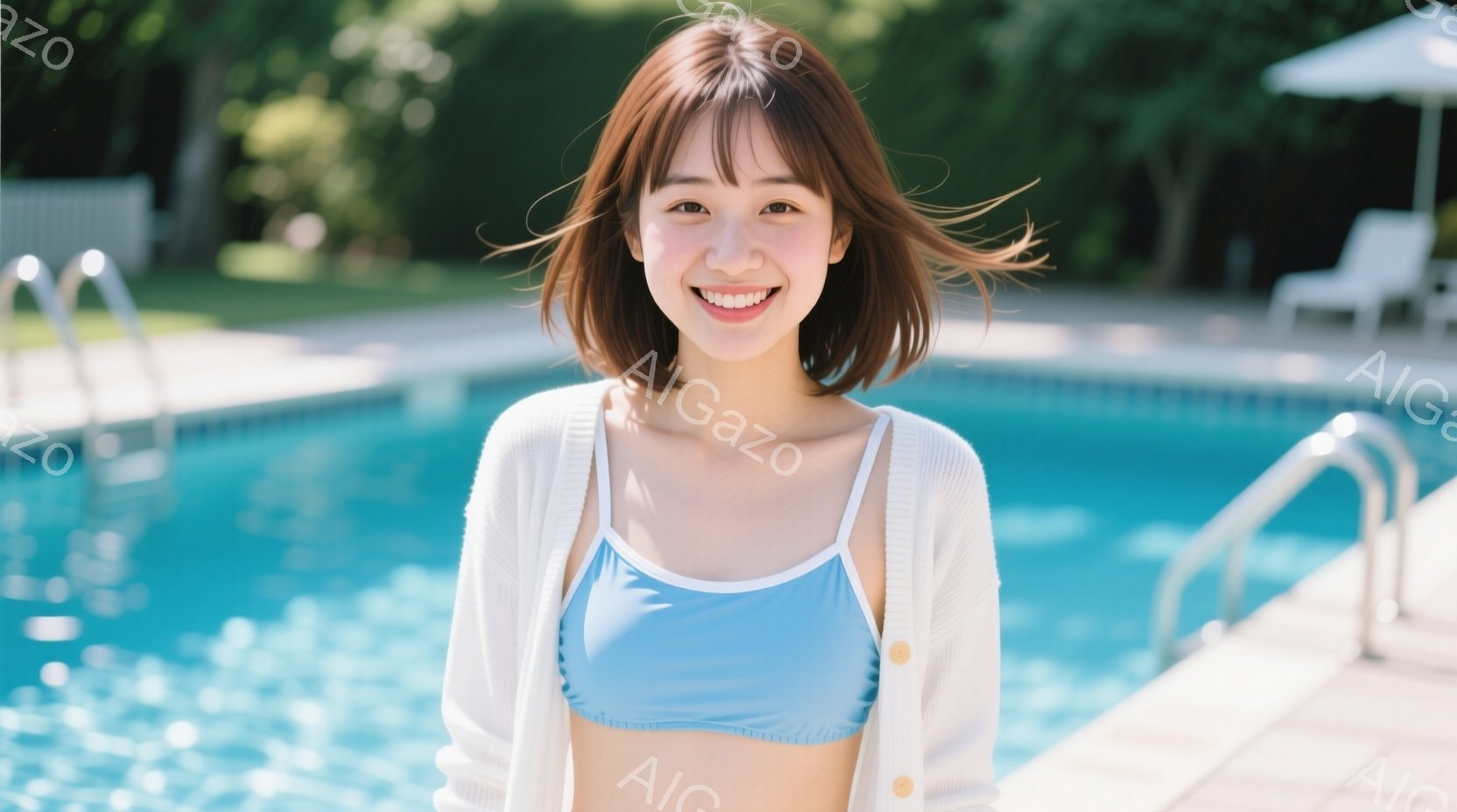 明るい笑顔の若い女性が、水色のビキニの上から白いカーディガンを羽織って立っています。彼女は肩までの長さの茶髪で、前髪は少しふんわりとカールしています。背景には青いプールの水面と、緑の木々や白いパラソルが見え、晴れた日のリゾート地のような雰囲気です。