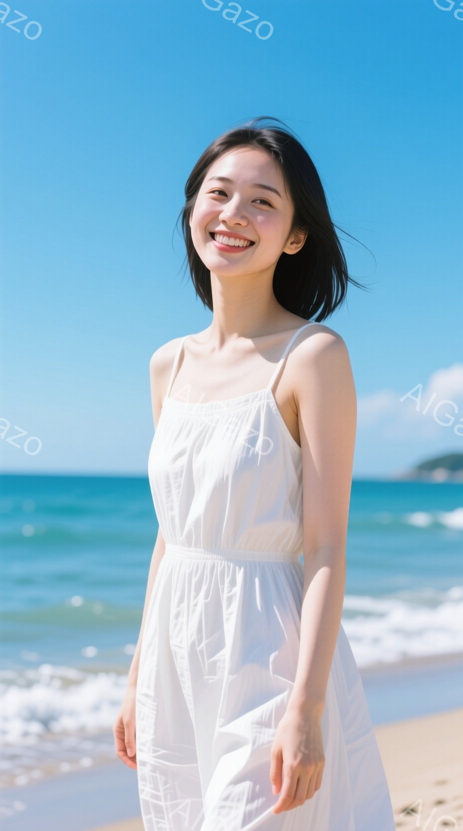 白いキャミソールワンピースを着た若い女性が、ビーチで微笑んでいます。彼女は少し前かがみになり、片手を軽く腰に当てて、リラックスしたポーズをとっています。背景には青い海と穏やかな波が広がり、晴天で明るい夏の日の雰囲気が漂っています。