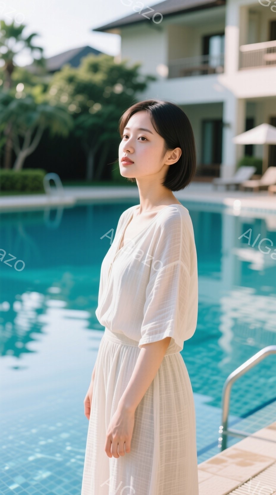 若い女性がプールサイドに立っており、クリーム色のゆったりとしたロングドレスを着用しています。彼女は短めのボブヘアで、穏やかで少し物憂げな表情をしています。背景には、青いプールの水面と、白い建物、そして緑豊かな植物が見え、晴れた日の穏やかな雰囲気を醸し出しています。