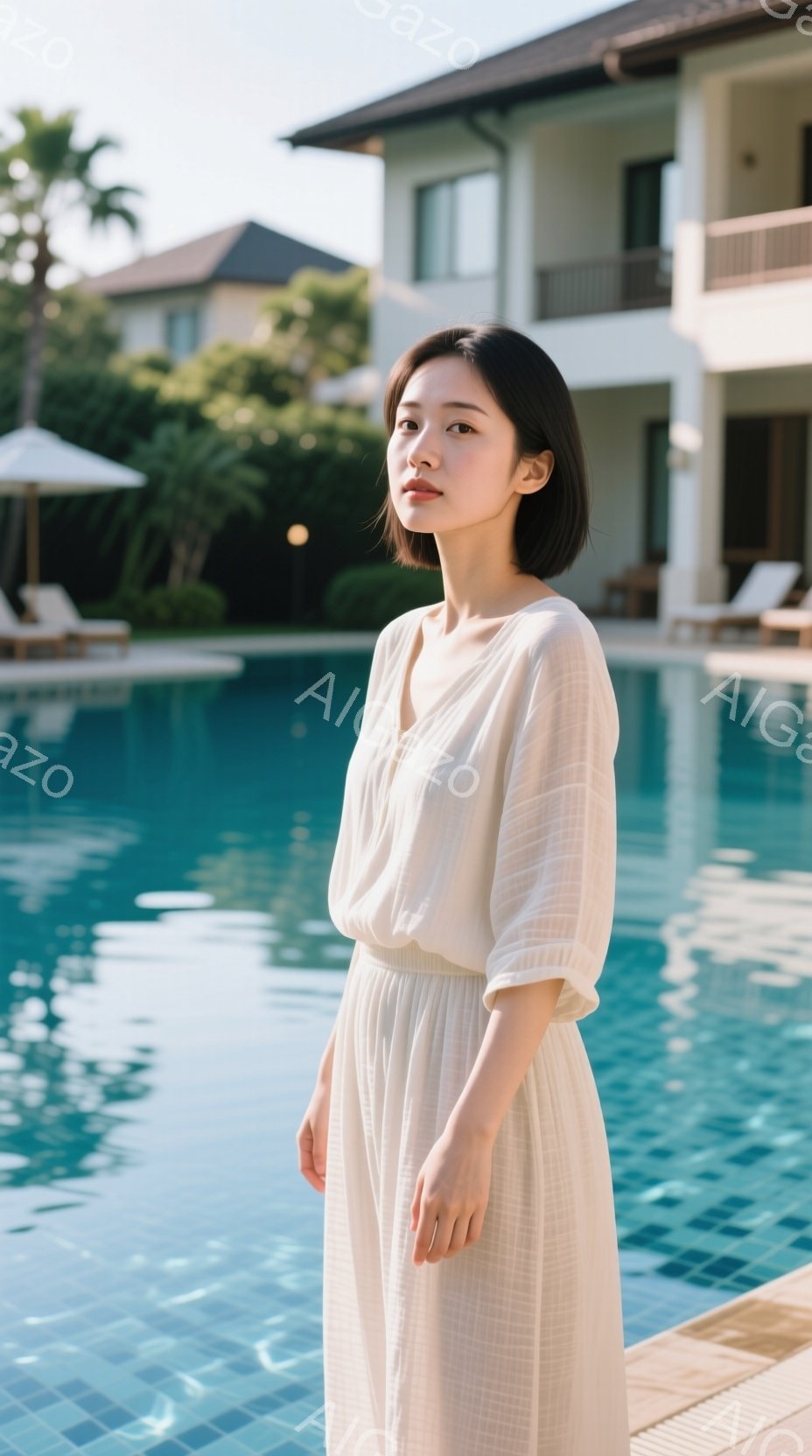 淡いベージュのゆったりとしたワンピースを着た若い女性が、プールの端に立っている。彼女は短い黒髪で、穏やかな表情を浮かべている。背景には、白い建物とヤシの木が見え、晴れた日のリゾート地のような雰囲気が漂っている。