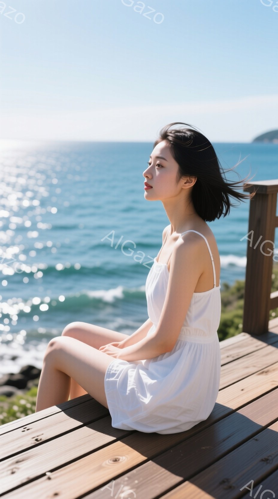 白いキャミソールワンピースを着た若い女性が、木製のデッキに座って海を眺めている。彼女は黒髪で、少し風になびいており、横顔で表情は穏やかでリラックスしている。背景には青い海と波が広がり、晴れた空が広がっており、全体的に穏やかで平和な雰囲気が漂っている。