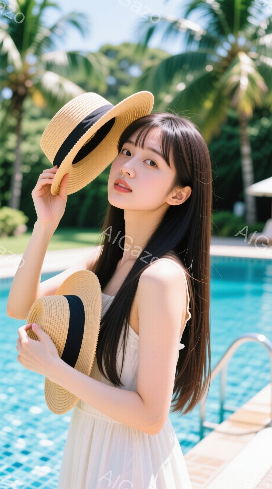 長い黒髪の女性が、麦わら帽子を頭から取り外して抱えています。白いストラップレスのワンピースを着ており、顔には穏やかな微笑みが浮かんでいます。背景には青いプールとヤシの木が見え、晴天の下、リゾート地でリラックスした雰囲気が漂っています。